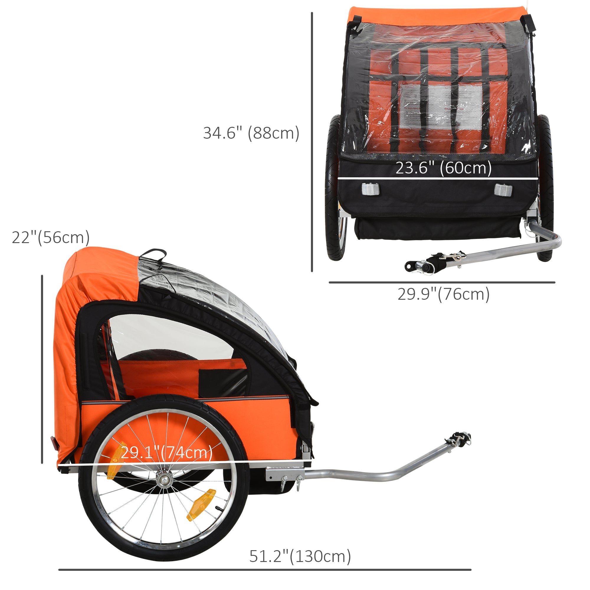 Aosom 2-Seat Child Bike Trailer Kids Strong Steel Frame 5-Point Safety Harnesses Comfortable Seat Red 