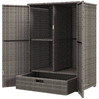 Outsunny Wicker Outdoor Storage Cabinet, 2-Door Rattan Pool Towel Storage Cabinet with Drawer & Removable Shelf, Dark Grey 