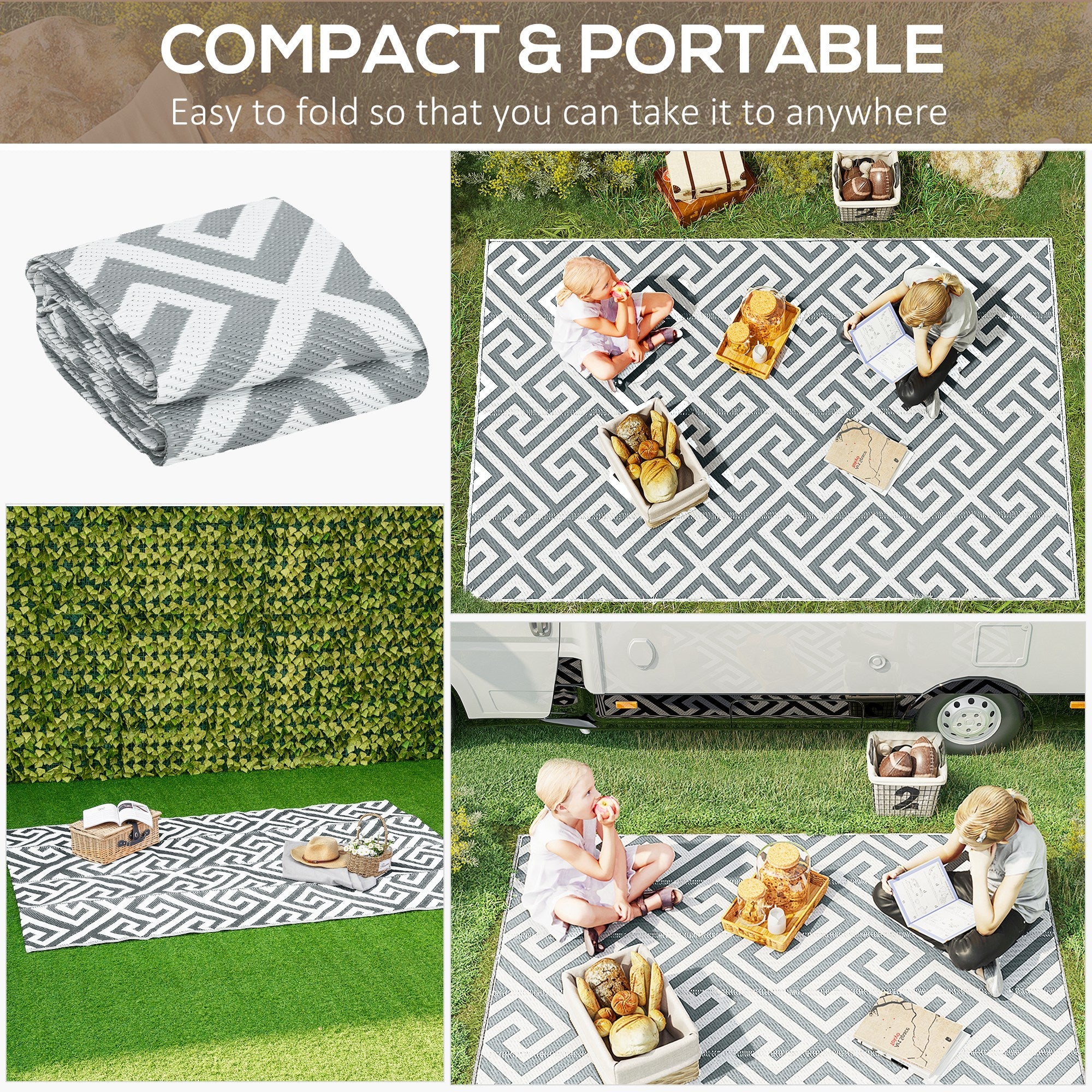 Outsunny Reversible Outdoor RV Rug, Patio Floor Mat, 5' x 8' Plastic Straw Rug for Backyard, Deck, Beach, Camping, Grey & White 