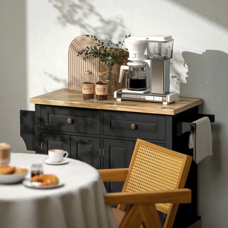 Rolling Kitchen Island with Rubber Wood Top and Storage, Spice Rack, Towel Rack, Black