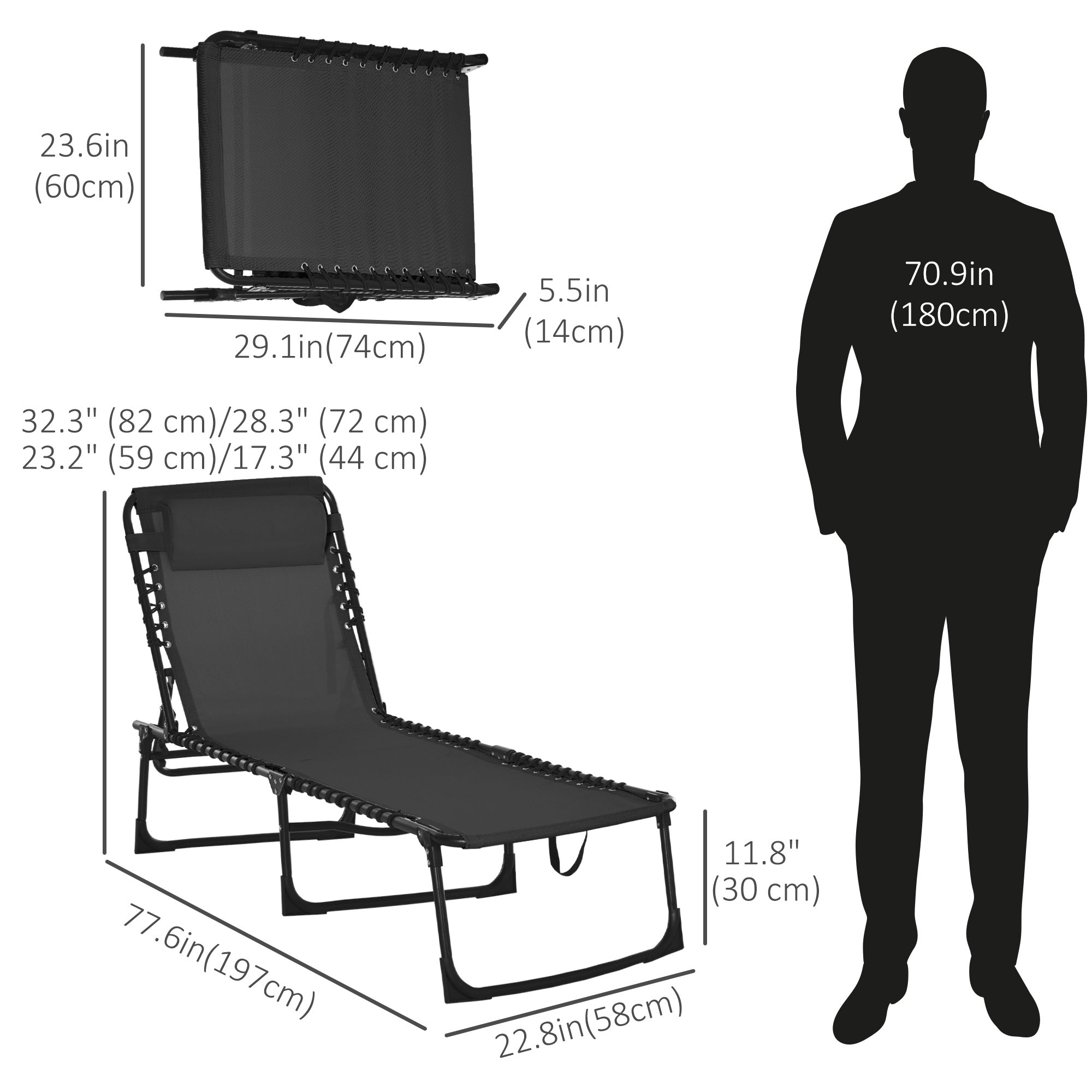 Outsunny Adjustable Folding Beach Bed 4-Level Reclining Lounger Lightweight Portable Camping Black 
