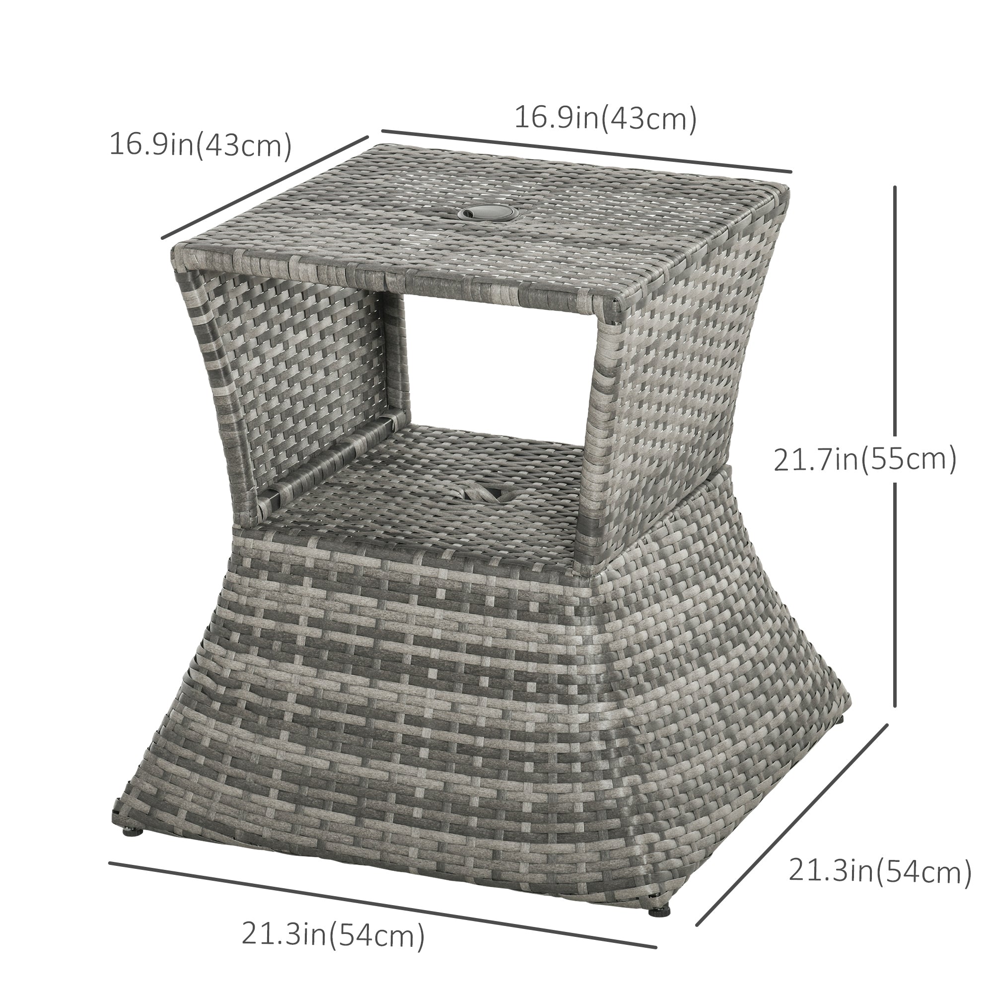 Outsunny Rattan Wicker Side Table Square Outdoor End Table with Umbrella Hole 2-Tier Storage Patio Garden Mixed Grey 