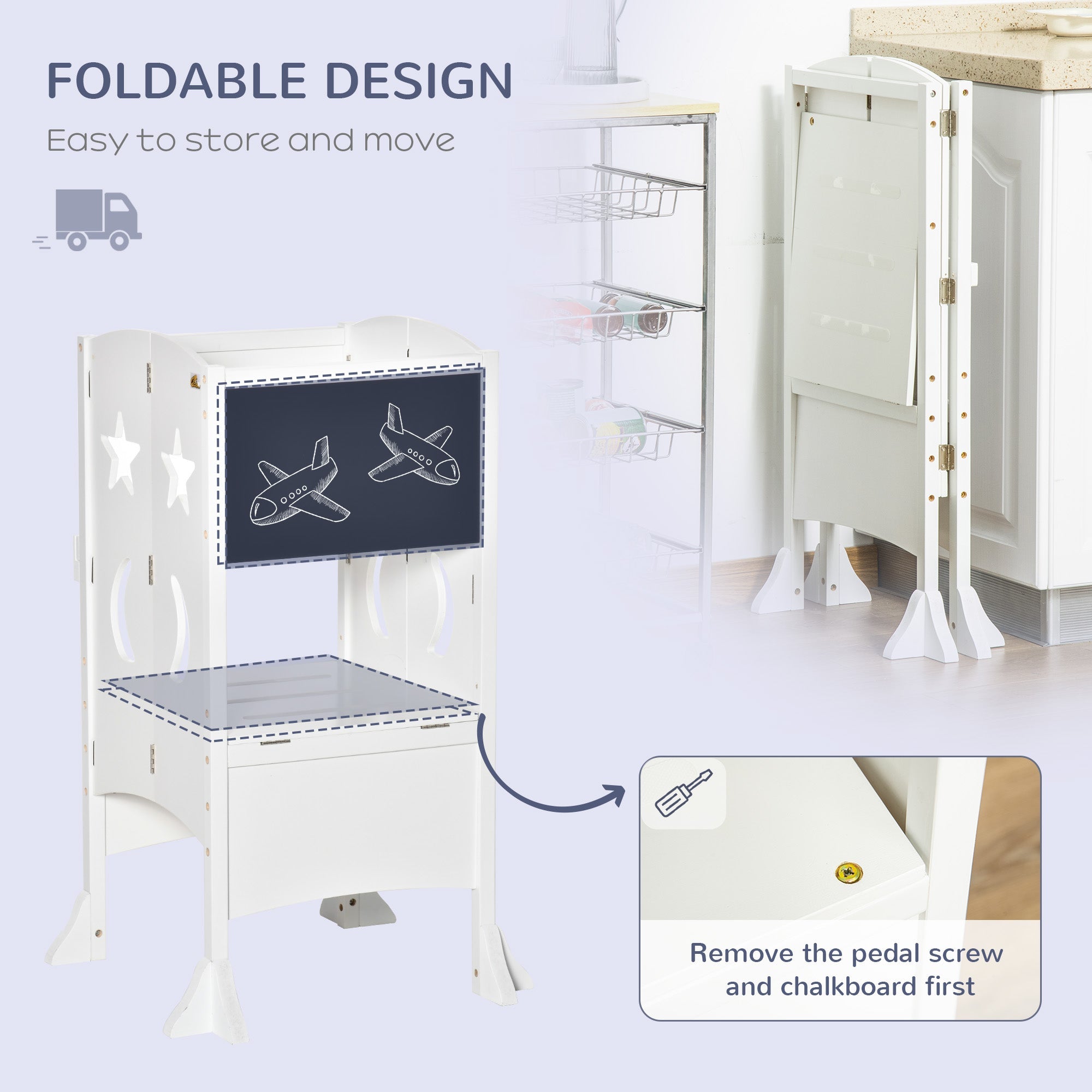Qaba Foldable Toddler Kitchen Stool with Blackboard & Safety Handrail in White for Ages 3-6 