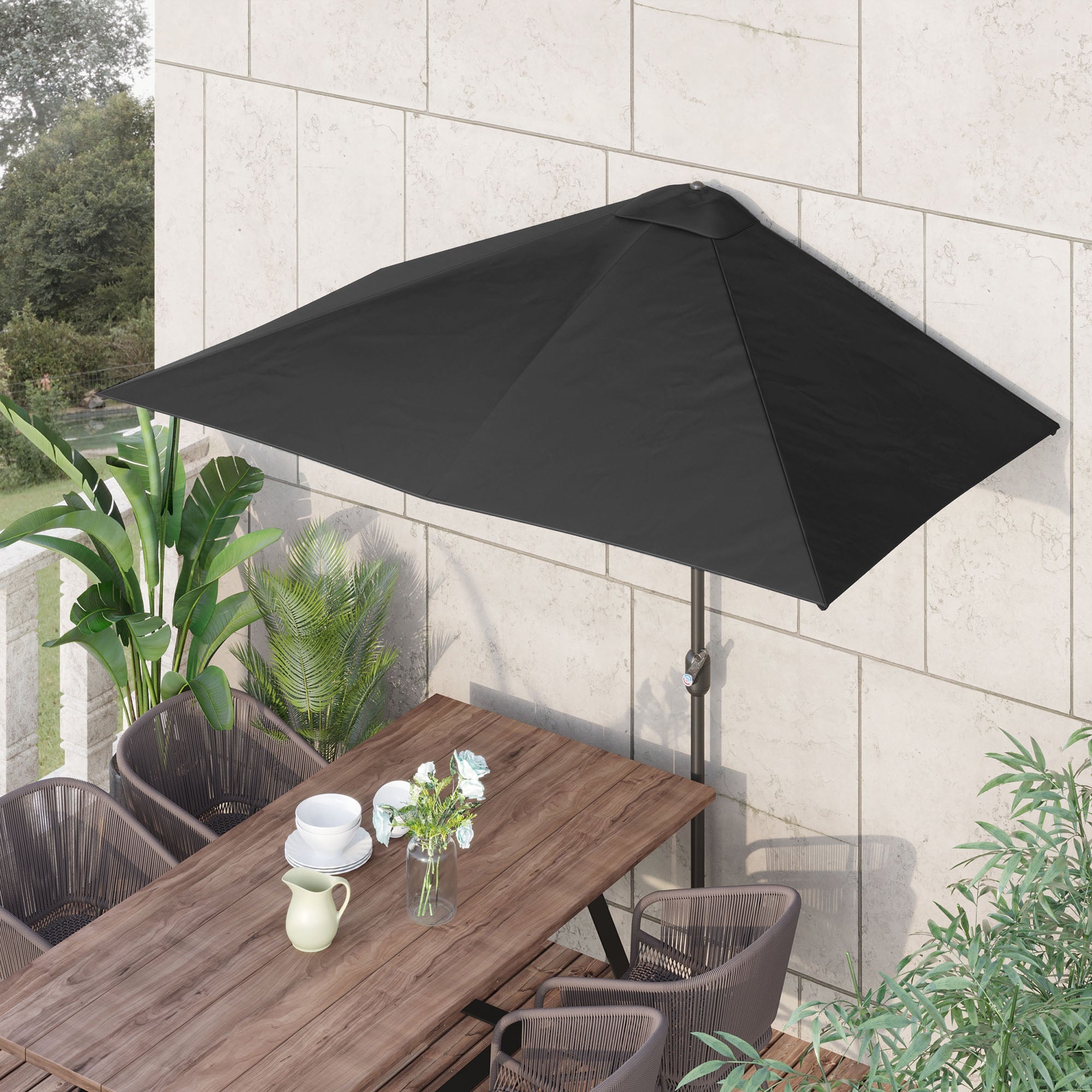 Outsunny 8ft Half Round Patio Umbrella Balcony Sun Shade Outdoor Parasol Garden Window Canopy 5 Ribs 
