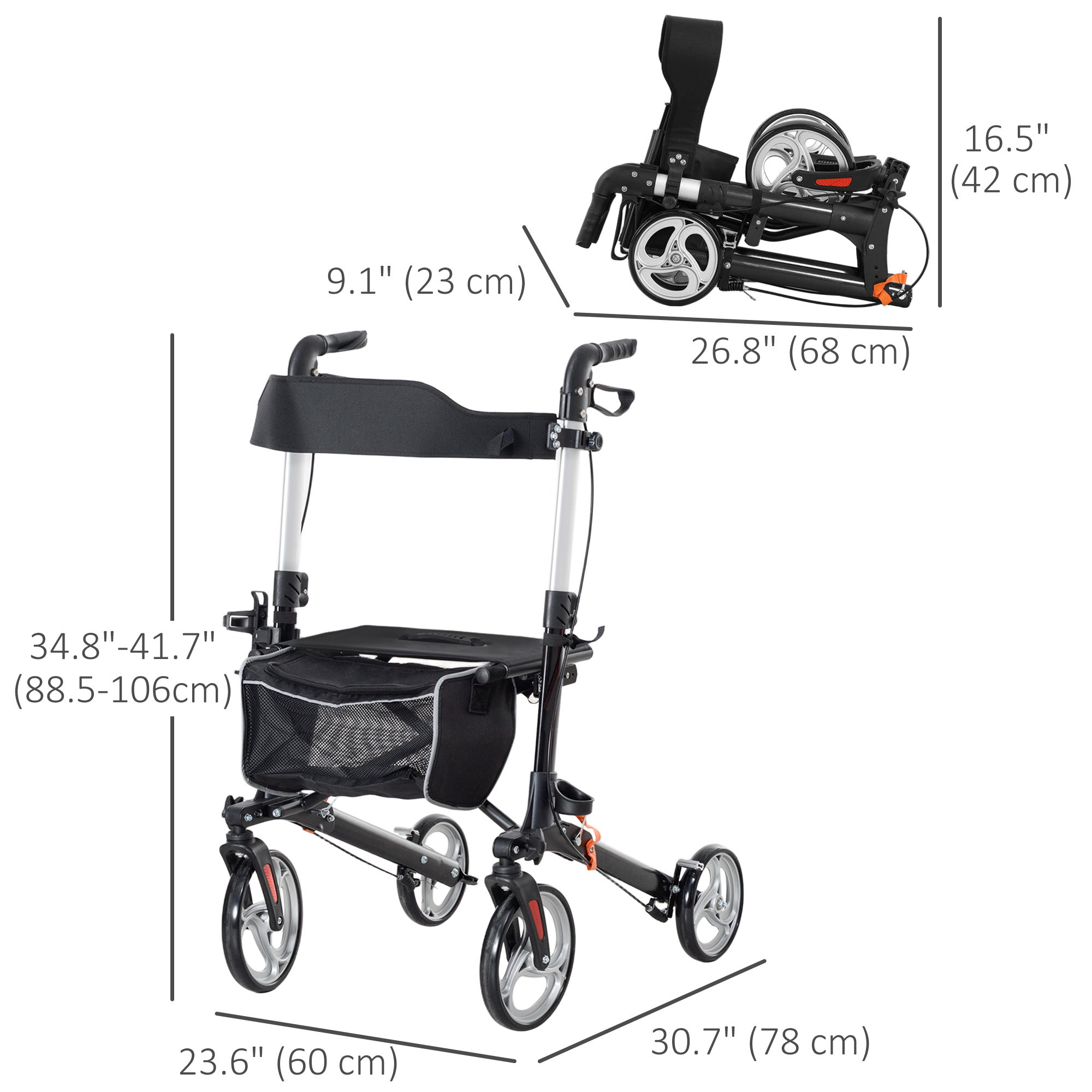 HOMCOM Lightweight Folding Rolling Walker with Large Seat, Back, Adjustable Handle, Bag, Dual Brake, Cane Holder, Black 