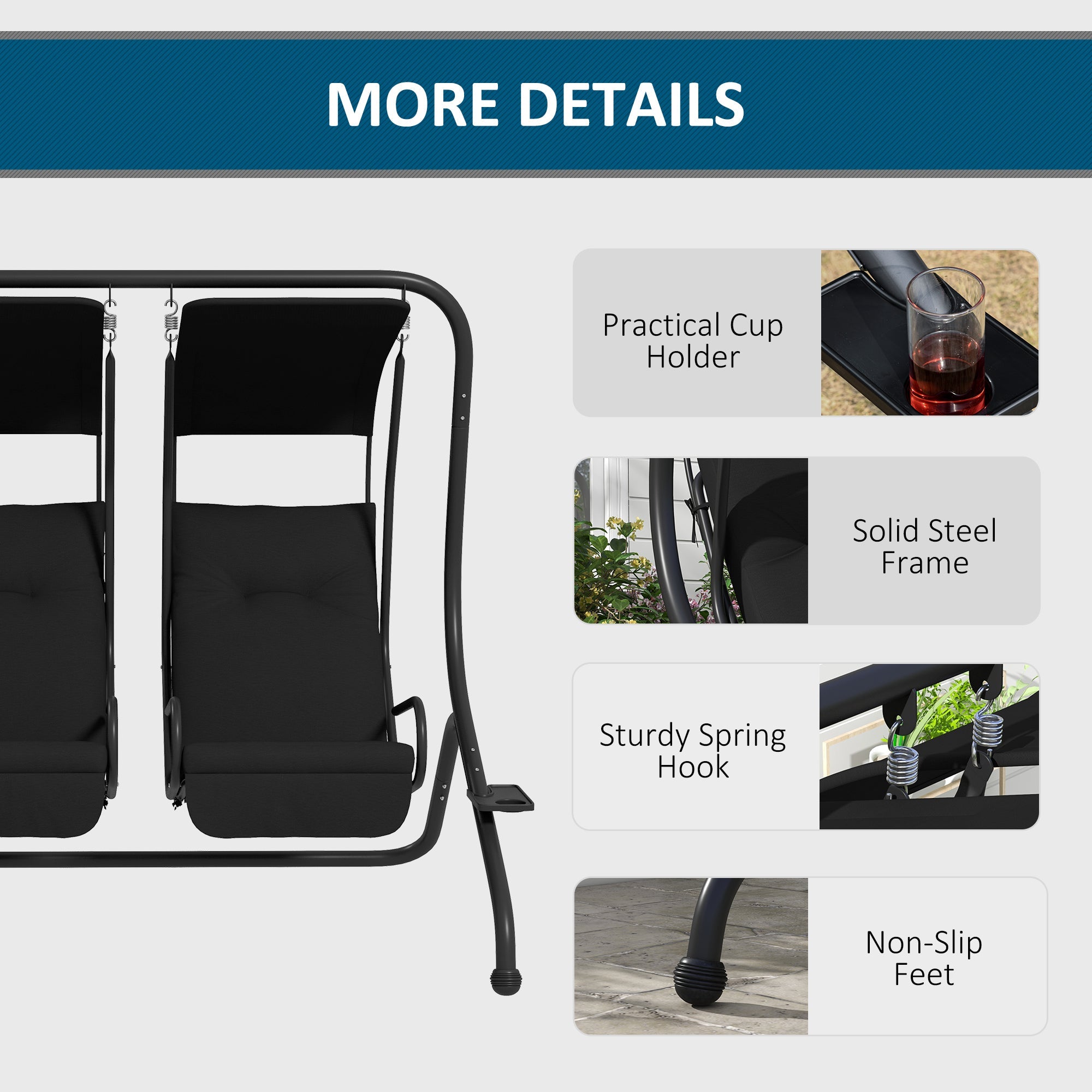 Outsunny Porch Swing 2-Seater with Canopy Shade: Outdoor Patio Chair Garden Poolside Backyard Black 