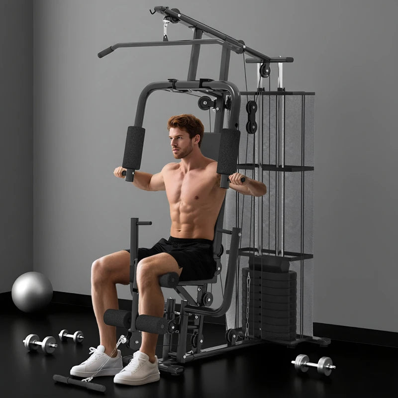 Soozier Home Gym, Multifunction Gym Equipment Workout Station with 100Lbs Weight Stack for Lat Pulldown, Leg Extensions, Preacher Bicep Curls, Triceps Pulldowns, Chest Press, Black