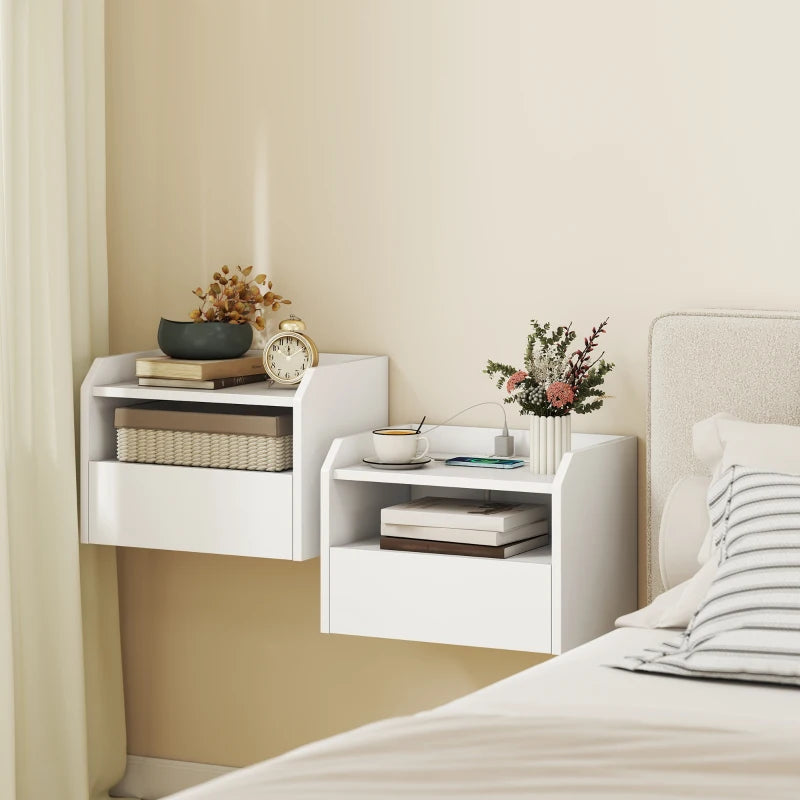 Wall Mounted Bedside Table, Set of 2 Floating Nightstand with Charging Station, Drawer and Open Shelf for Bedroom, White