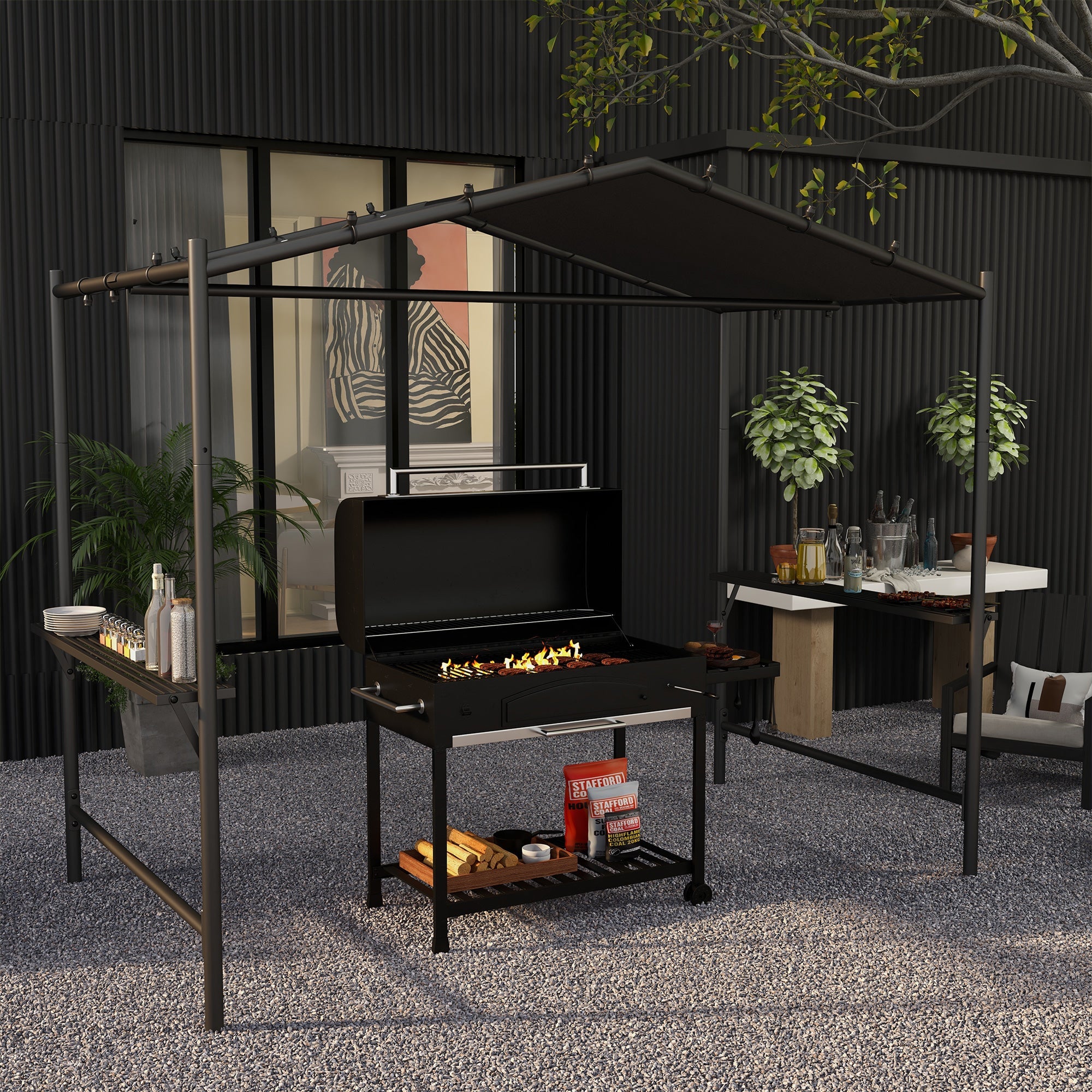 Outsunny 9' x 5' BBQ Grill Gazebo Tent, Garden Grill Canopy Outdoor Grill Shelter w/ Steel Frame and Serving Shelves, Dark Grey 