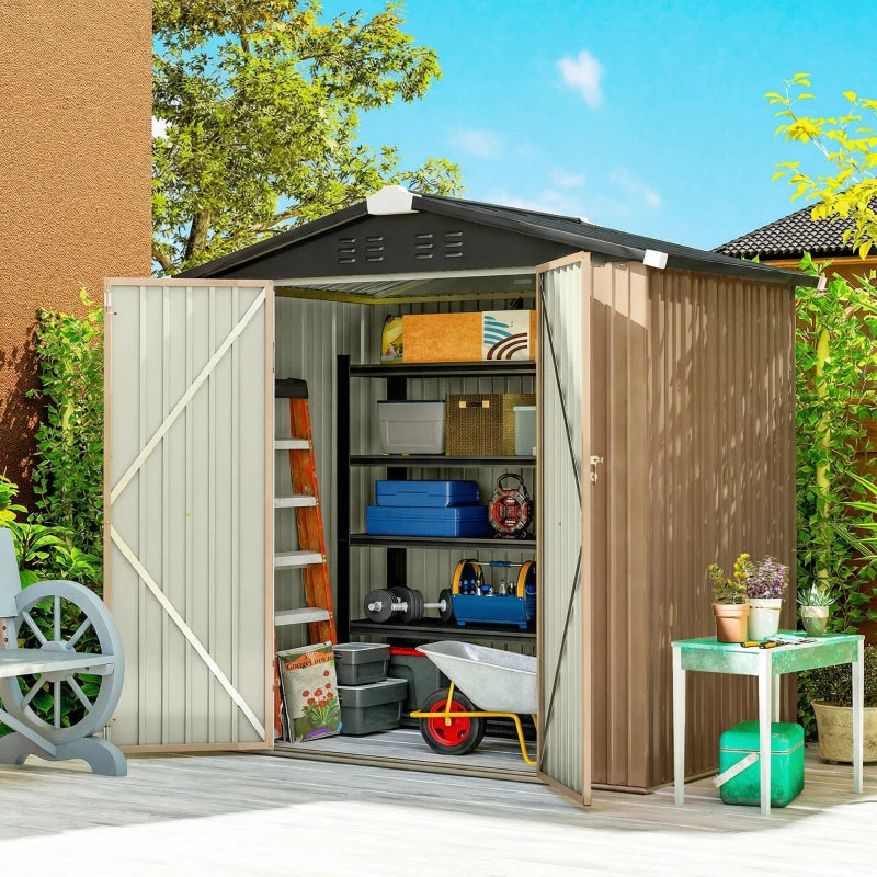 6.5' x 4'  Outdoor Storage Shed, Metal Garden Shed with Lockable Double Doors, 4 Vents, Brown