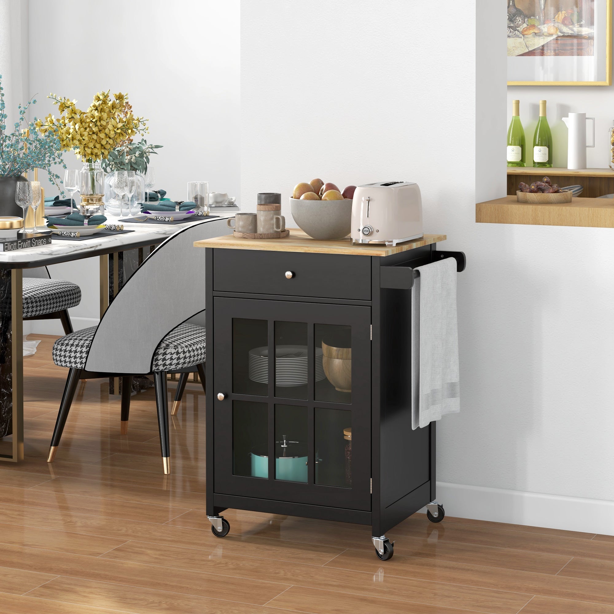 HOMCOM Kitchen Mobility: 26.4"x18.9"x34.1" Rolling Island with Drawer, Adjustable Shelf, Towel Rack, Black Finish 