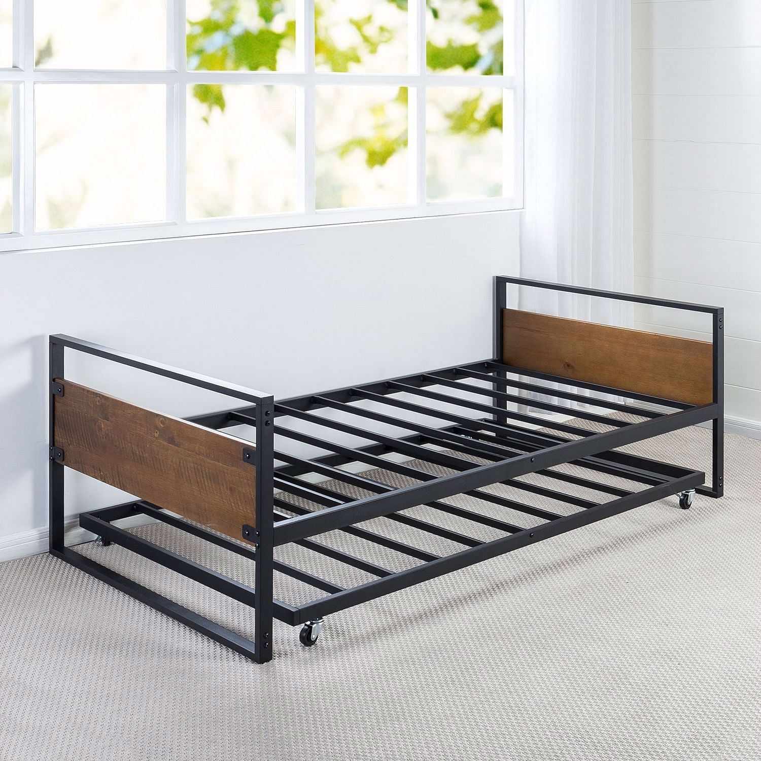 Twin size Metal Wood Daybed Frame with Roll Out Trundle Bed - Free Shipping