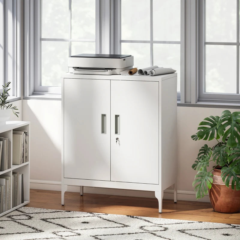 Office Storage Cabinet with Lock, Filing Cabinet with Adjustable Shelves and Doors for Home Office, Garage, White