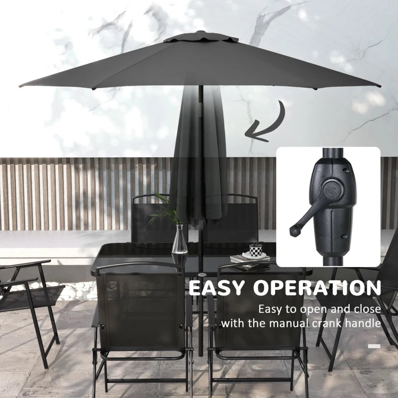 8 Piece Patio Set with Umbrella, 6 Folding Chairs, Rectangle Table, Outdoor Dining Set for 6 with Mesh Seat, Black