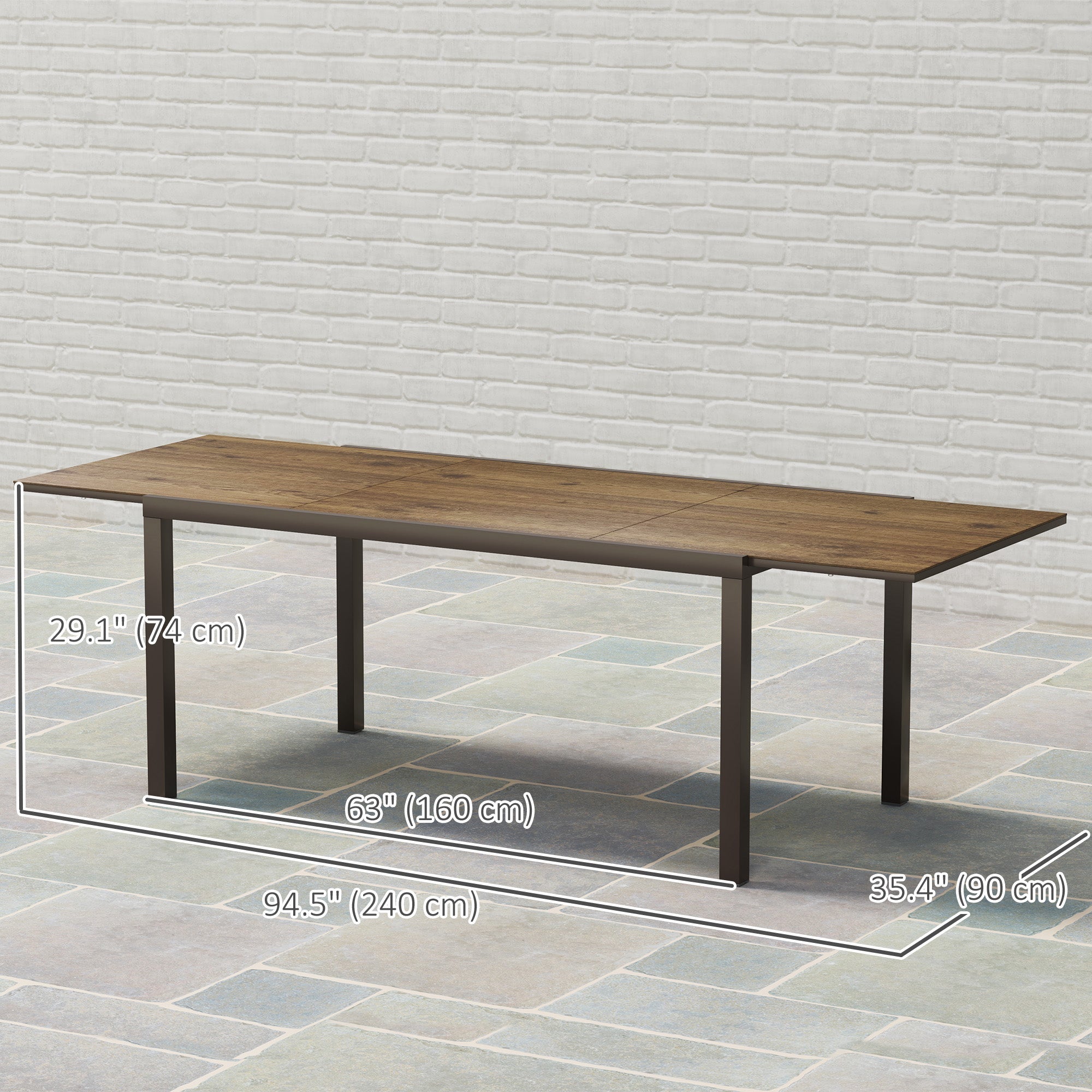 Outsunny 63"-94.5" Extendable Patio Dining Table for 6-8 Person, Outdoor Dining Table with Aluminium Edging, Steel Frame, Brown 