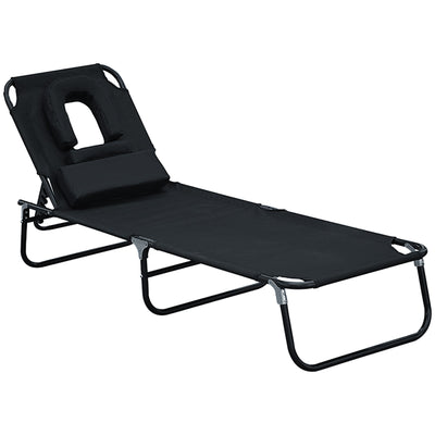 Outsunny Sunbathing Sanctuary: Sun Lounger with Reading Hole, Adjustable Garden Outdoor Reclining Chair, Folding Camping Bed, Black 