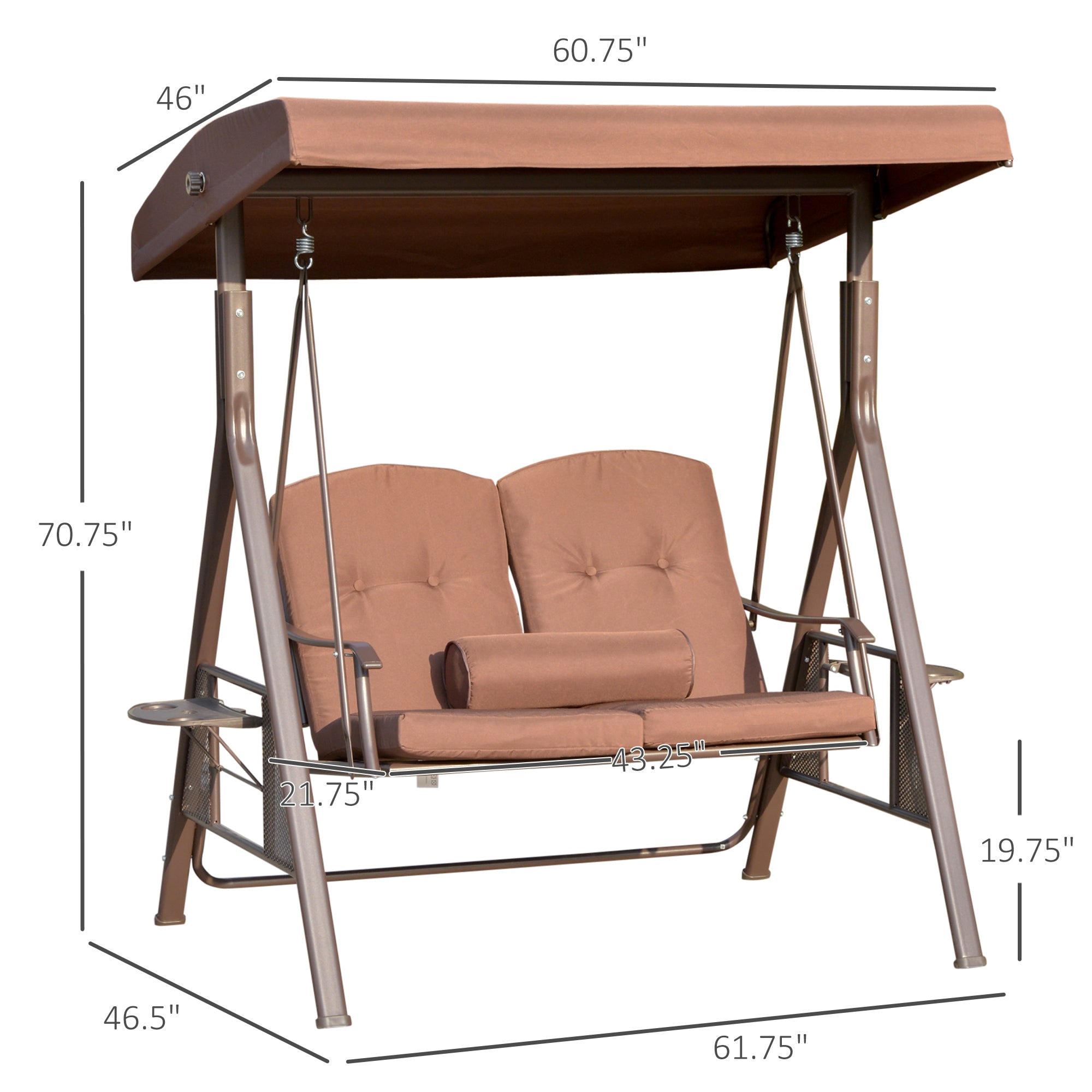 Outsunny Outdoor 2-Person Patio Swing Chair Canopy Adjustable Shade Cushions Pillow Tray Brown 