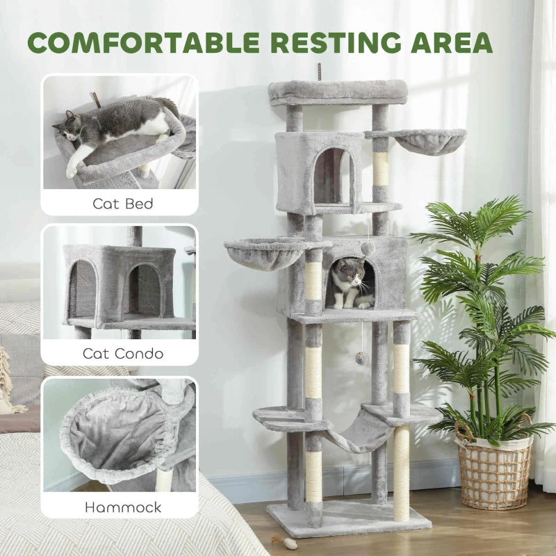 69" Cat Tree, Multi-Level Cat Tower with 2 Condos, Plush Perch and Sisal Scratching Posts, Light Grey