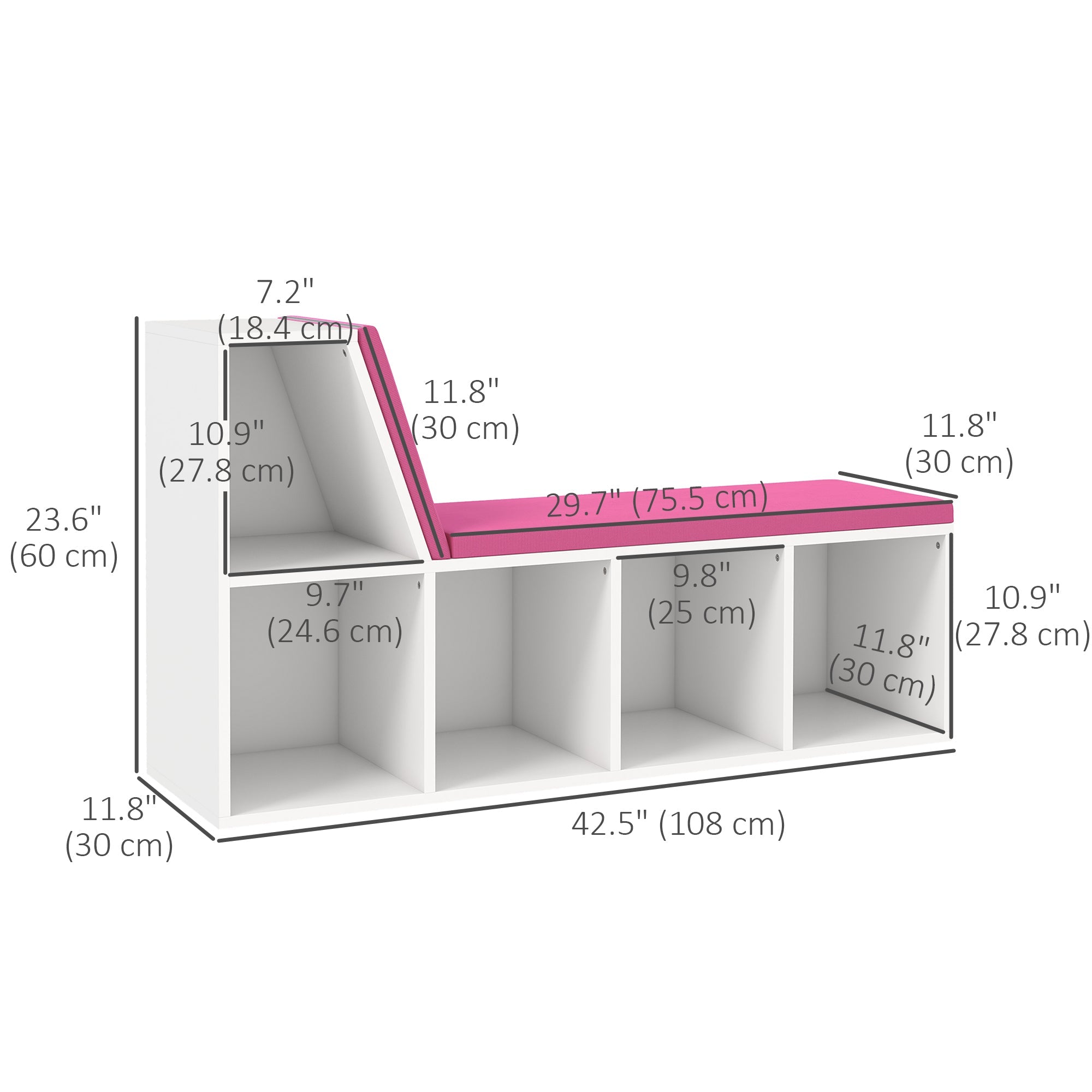 HOMCOM 5-Cube Bookshelf with Reading Nook Cushioned Kids Bookcase Storage Shelves Pink 