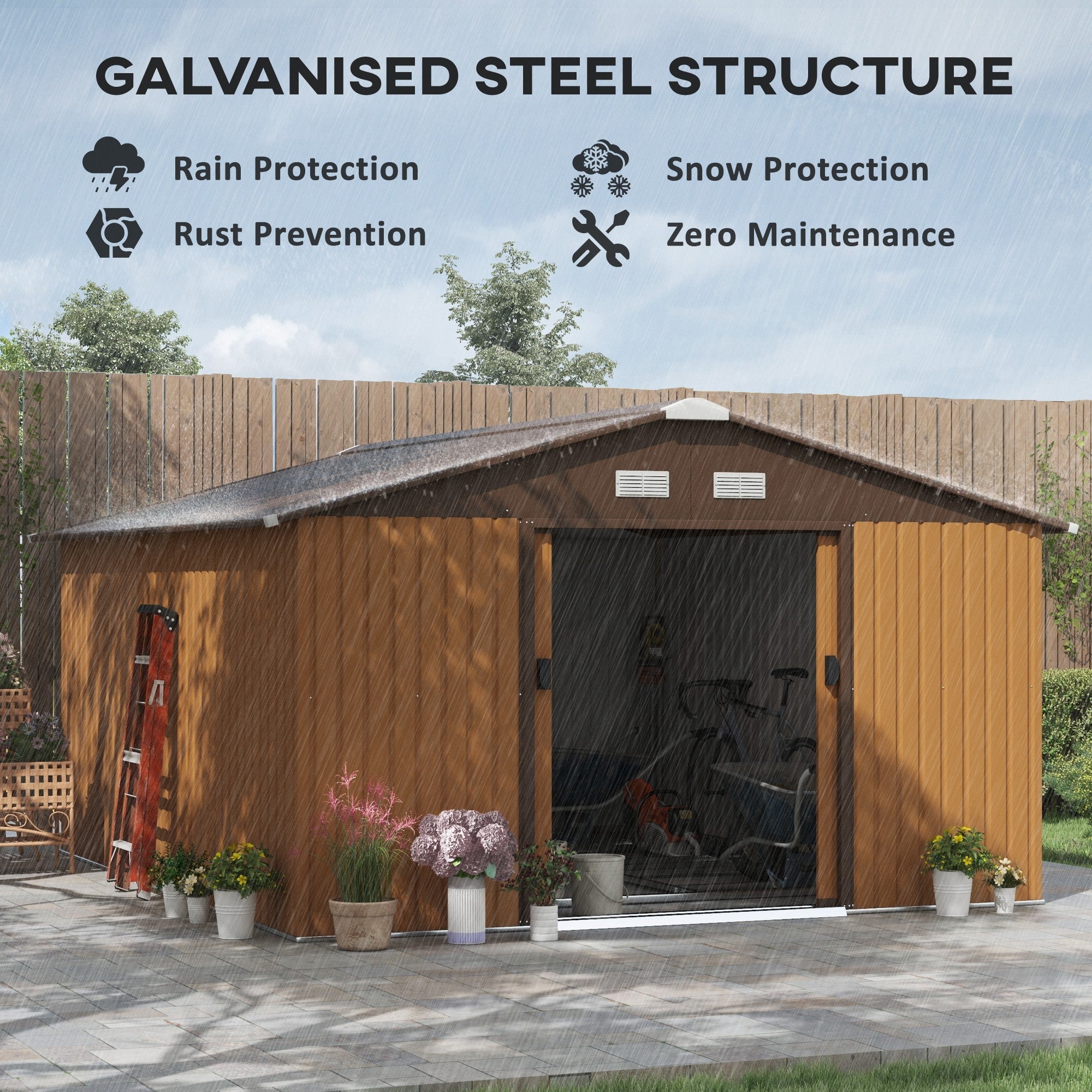 Outsunny Backyard Garden Shed 11' x 13' Storage Double Sliding Door 4 Vents Yellow 