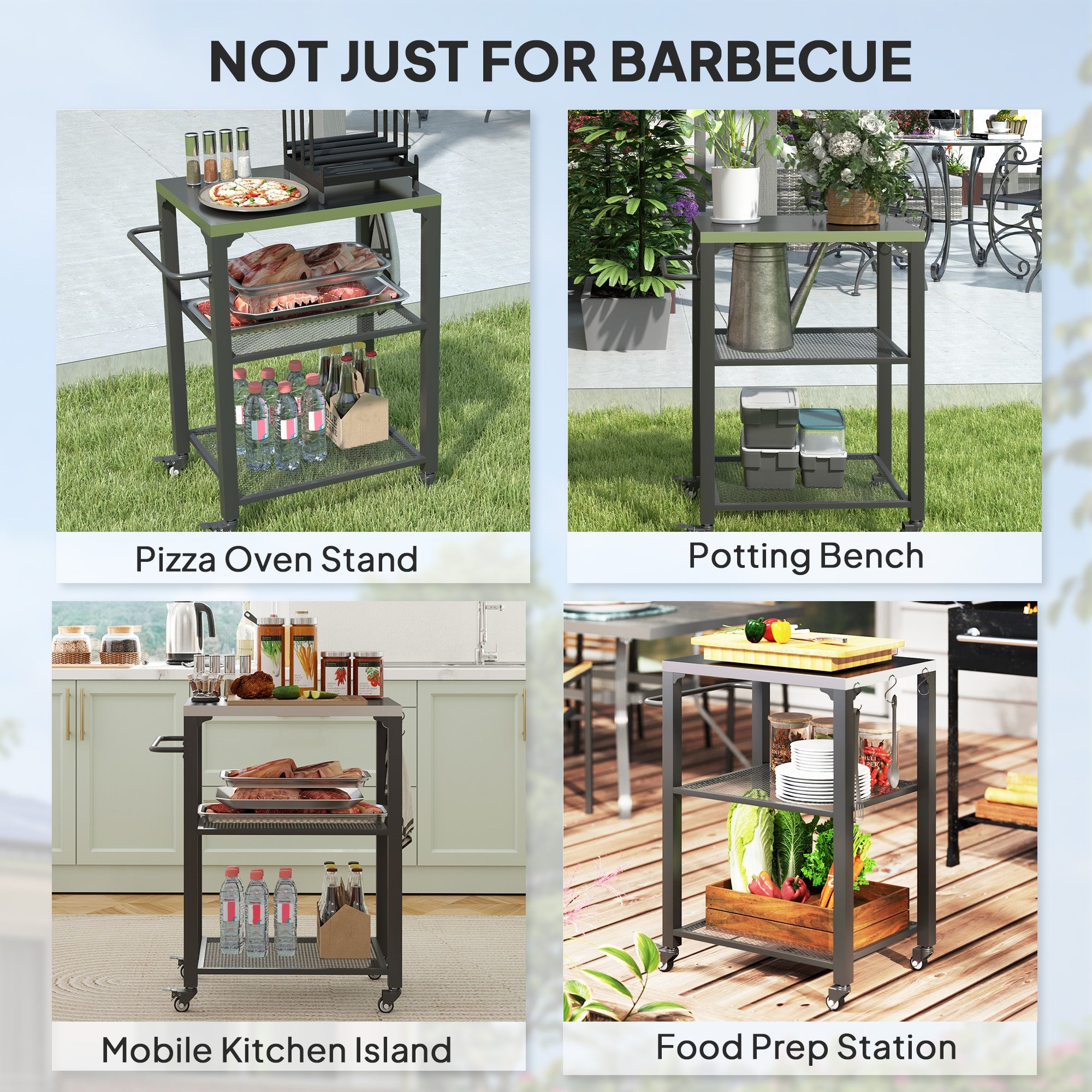 Outsunny 3-Shelf Outdoor Grill Cart Table with Stainless Steel Top, Hooks, Pizza Oven Stand on Wheels 