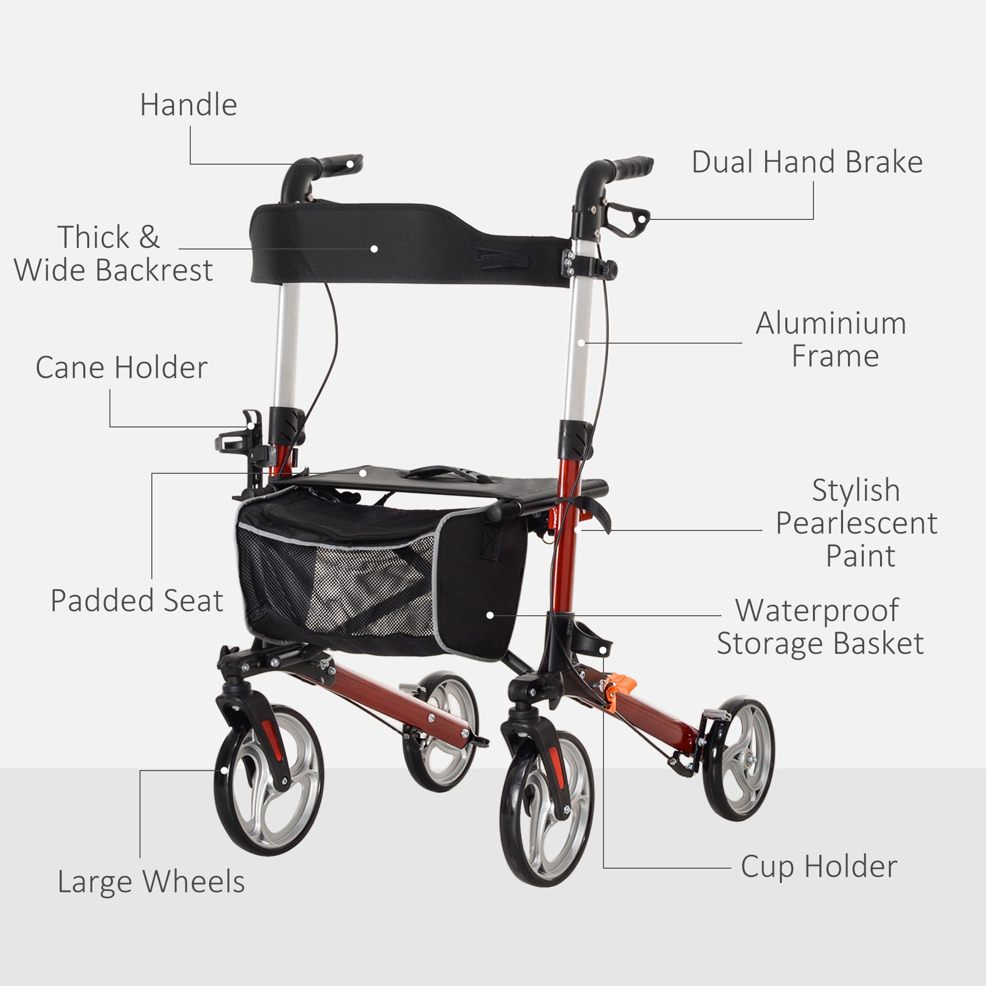 HOMCOM Lightweight Folding Rolling Walker with Large Seat, Back, Adjustable Handle, Bag, Dual Brake, Cane Holder, Red 