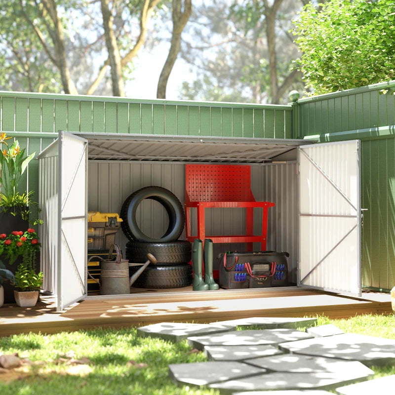 7.6 x 3.4ft Outdoor Storage Shed, 3 Garbage Bin Shed Organizer with Lockable Double Doors, Openable Lid, Silver Grey