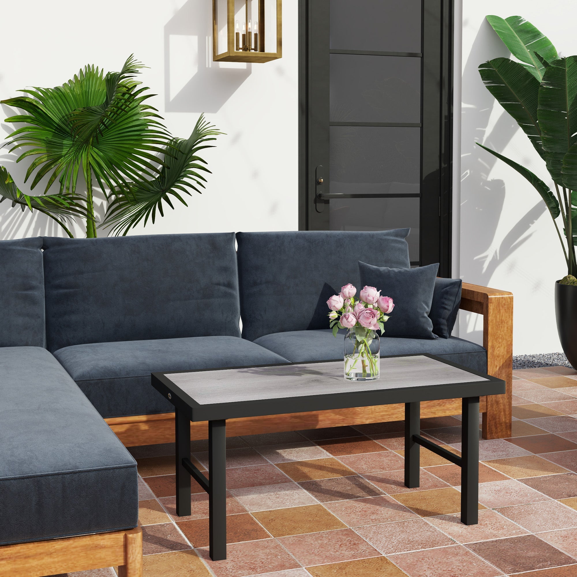 Outsunny Outdoor Side Table with SPC Woodgrain Tabletop, Metal Patio Coffee Table for Outside Garden, Distressed Grey 