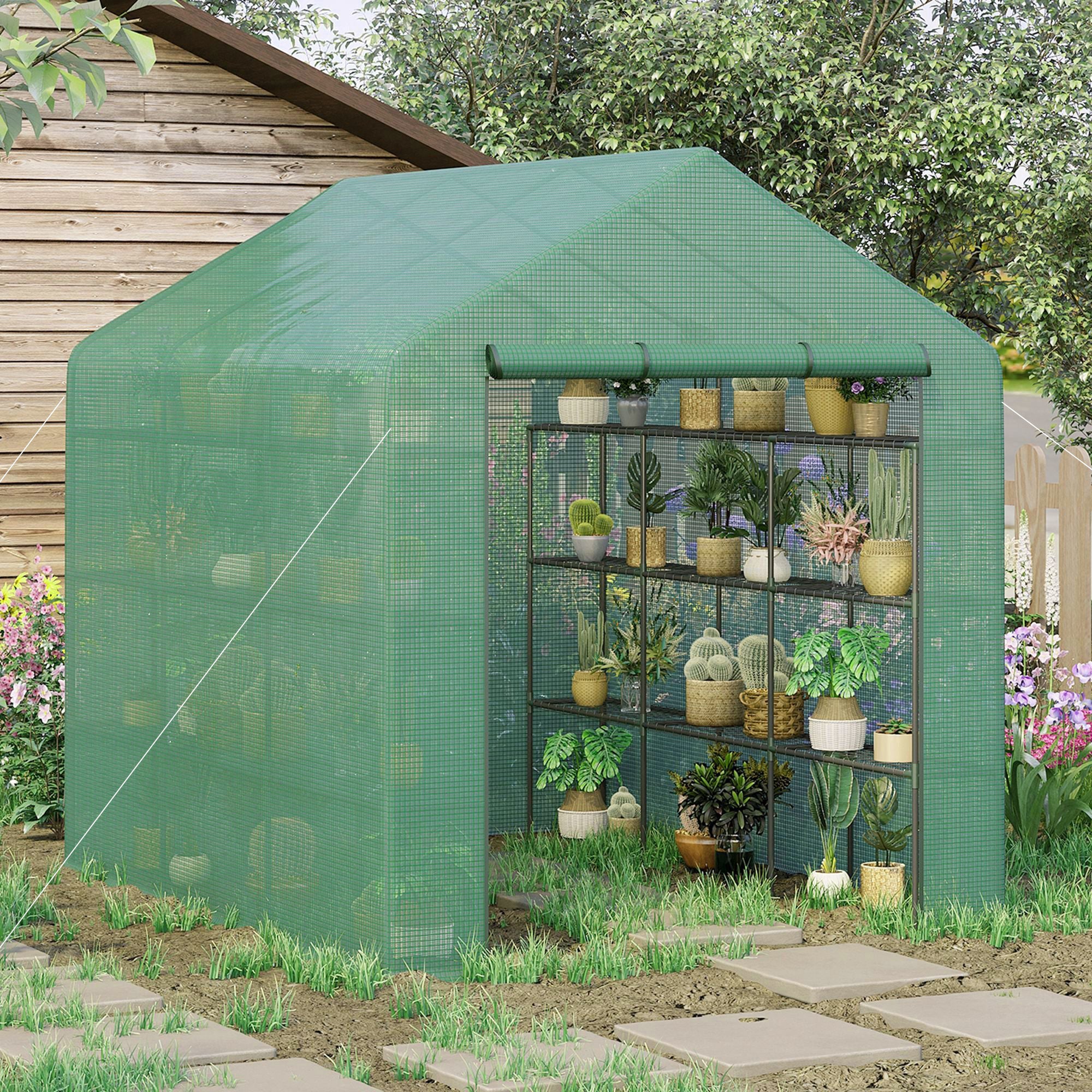 Outsunny 8' x 6' x 7' Portable Walk-In Greenhouse Hot House with 18 Shelves,  Water/UV Resistant Weather Cover, & Roll Up Door 