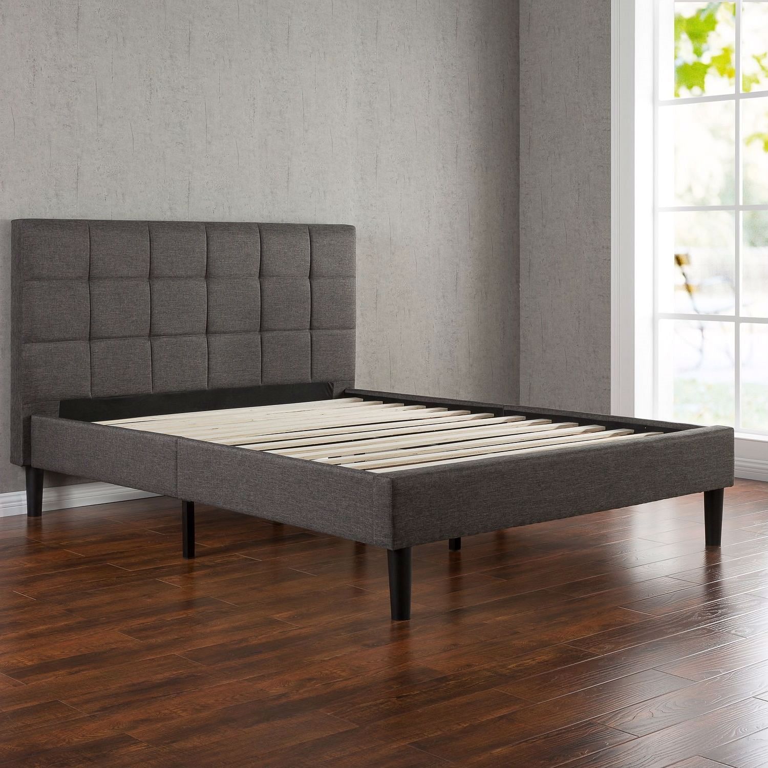 Twin size Classic Grey Fabric Upholstered Platform Bed with Padded Headboard - Free Shipping