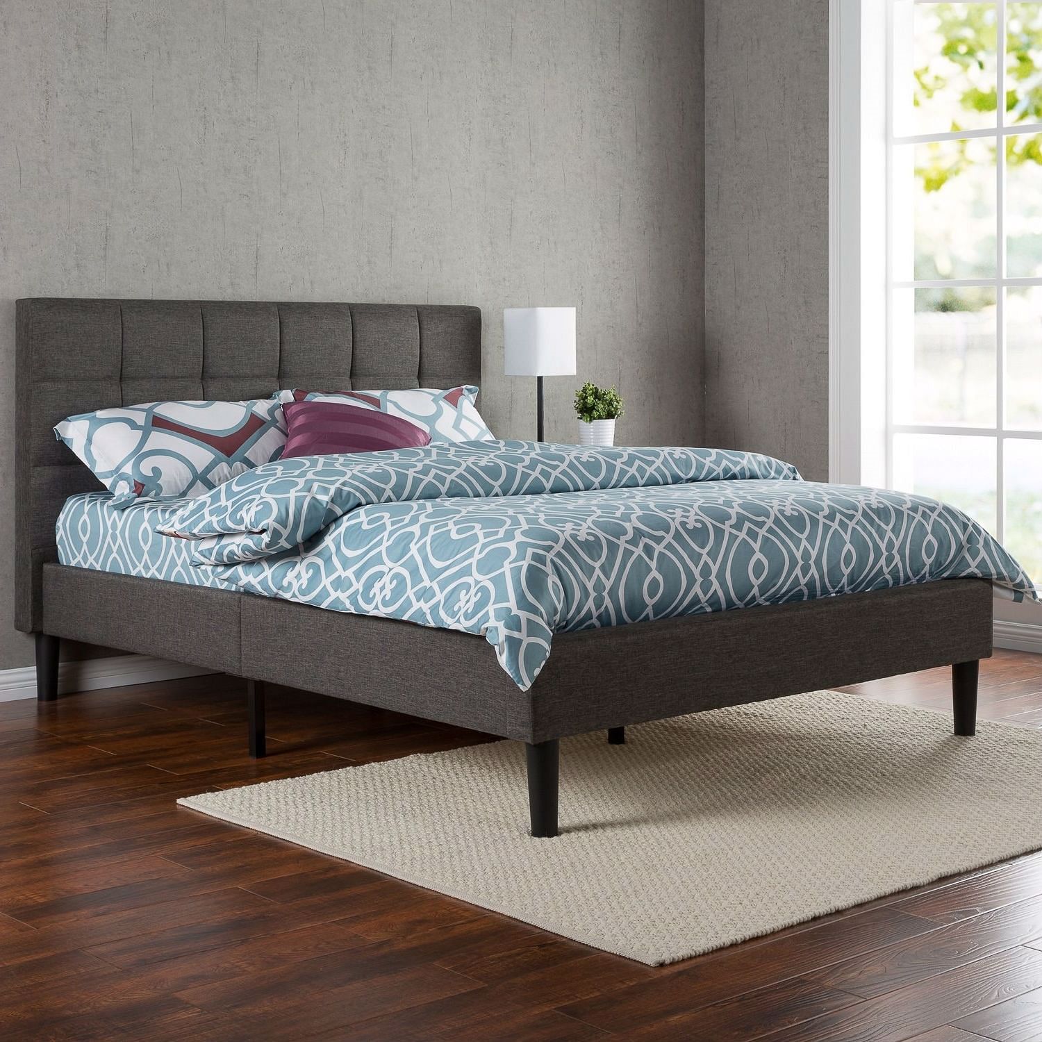 Twin size Classic Grey Fabric Upholstered Platform Bed with Padded Headboard - Free Shipping