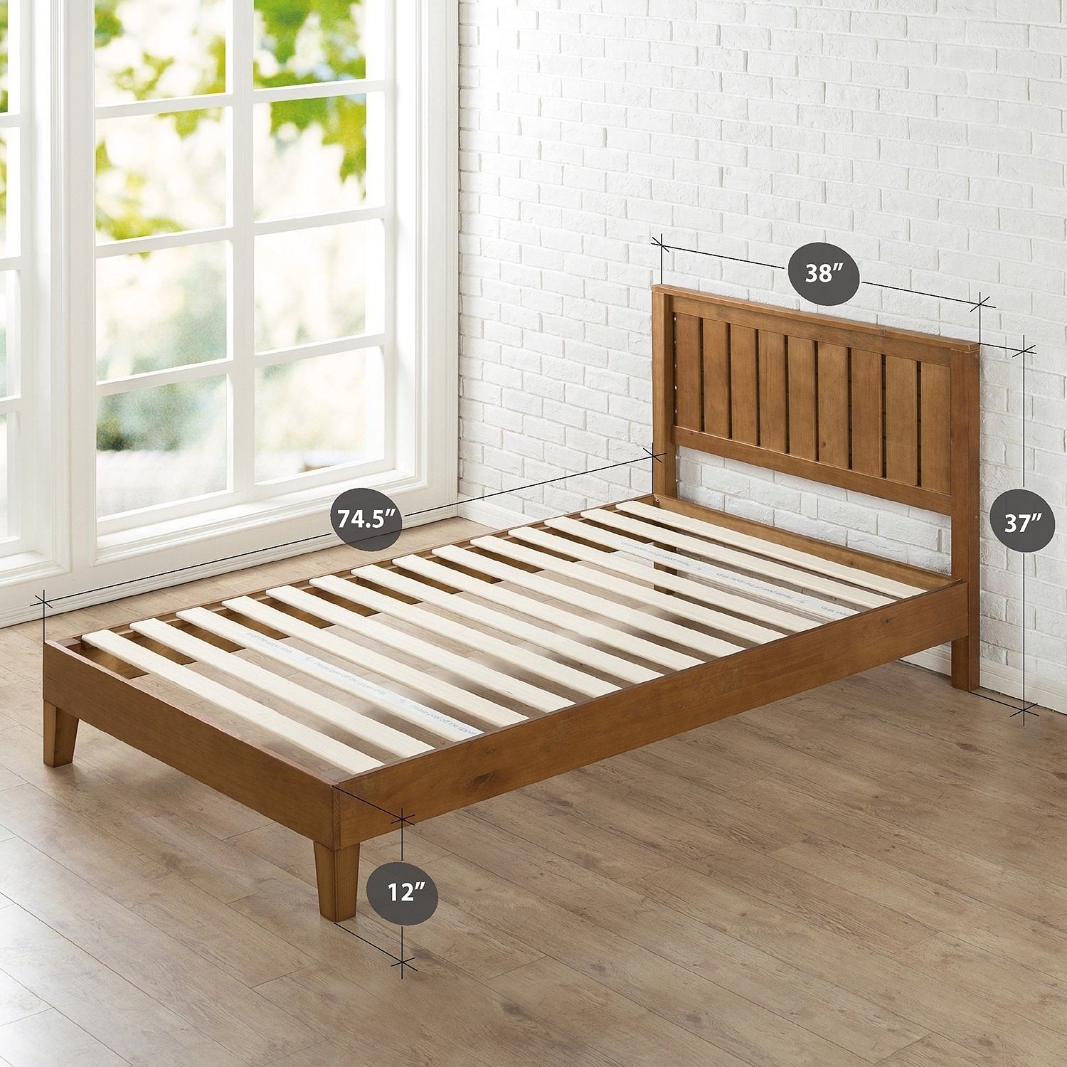 Twin Solid Wood Platform Bed Frame with Headboard in Medium Brown Finish - Free Shipping