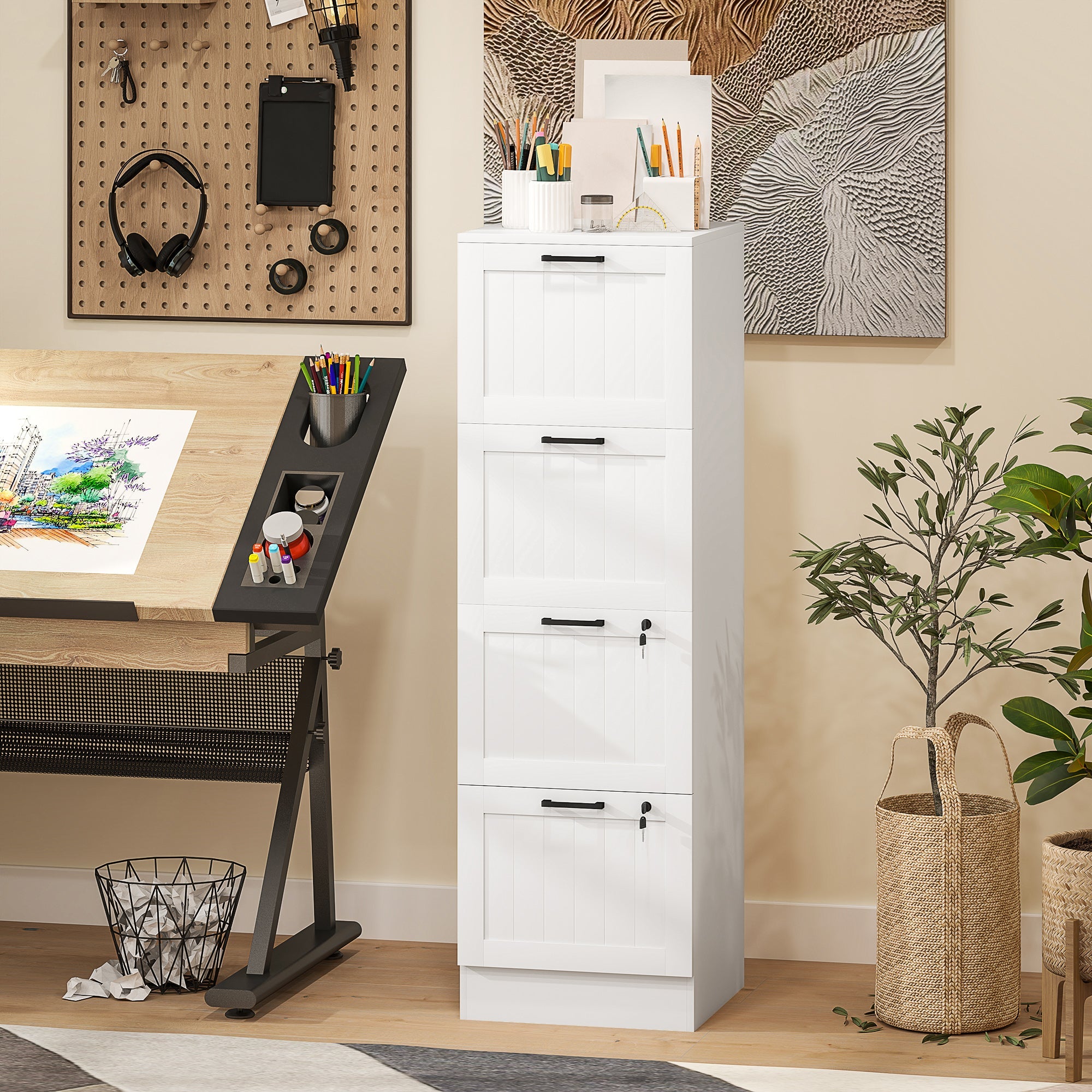HOMCOM 4 Drawer Filing Cabinet with Lock, Office Storage Cabinet with Adjustable Hanging Bars for A4 Letter Size Files, White 