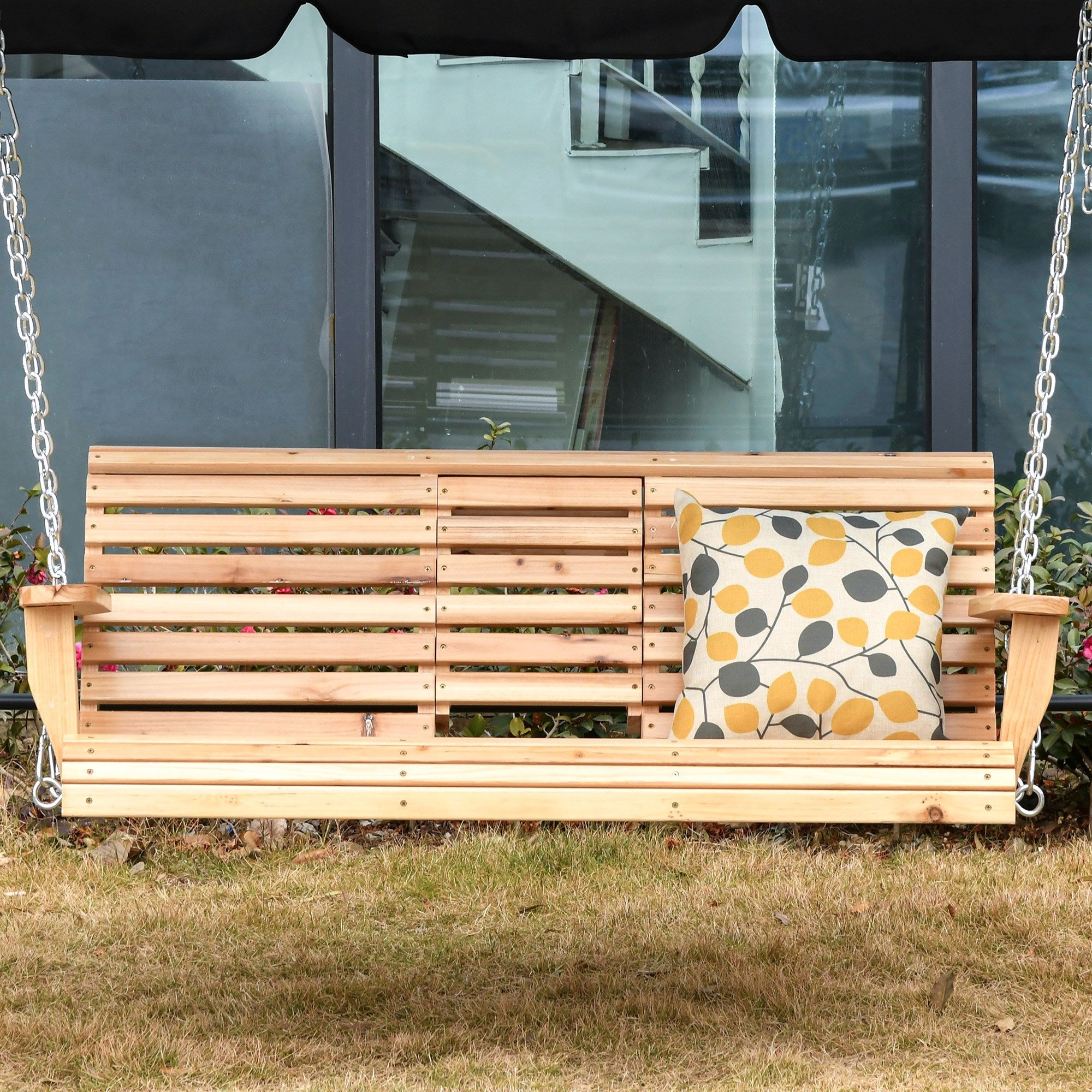 Outsunny 3-Seater Patio Swing Chair with Foldable Table & Cup Holders, Durable Wood Porch Swing, Steel Chains, Natural Finish 
