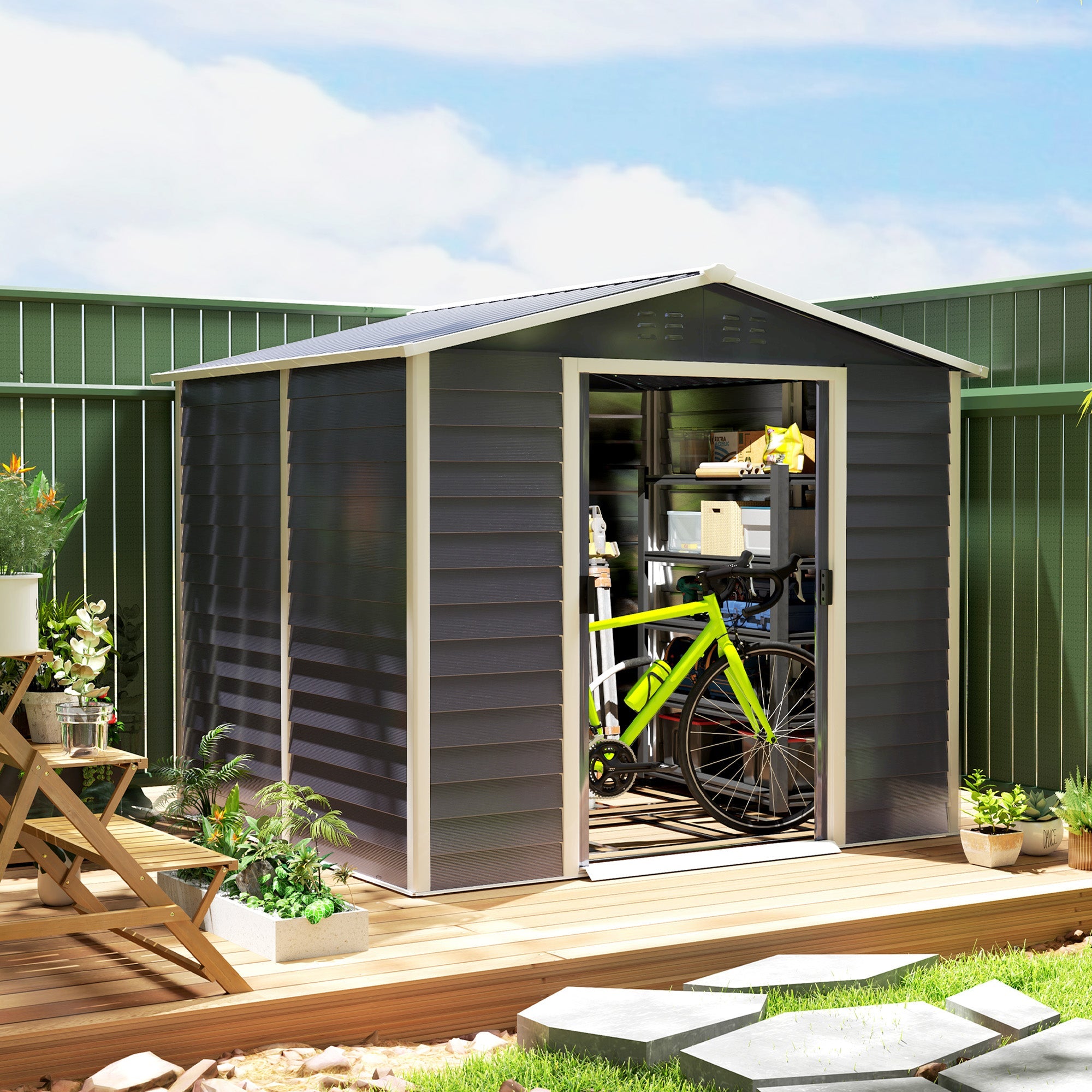 Outsunny 8' x 7' Outdoor Storage Shed, Galvanized Steel Metal Garden Shed w/ Sliding Lockable Doors, Floor Frame, Vents, Waterproof Tool Shed for Backyard, Lawn, Patio, Dark Grey 