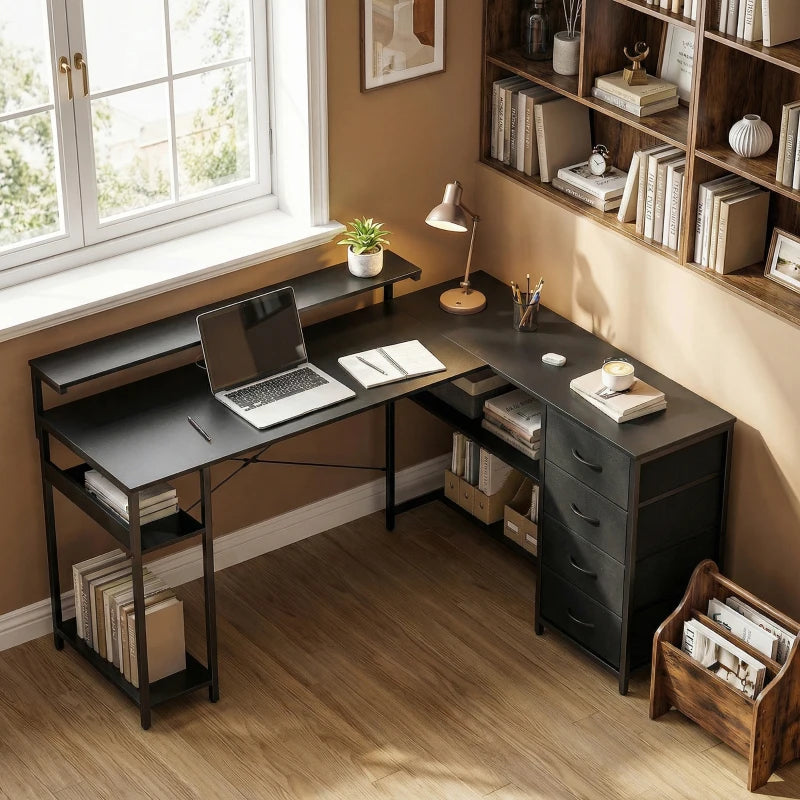 Gaming Desk with Power Outlets LED Lights Computer Desk with Drawers Monitor Stand 61" Black