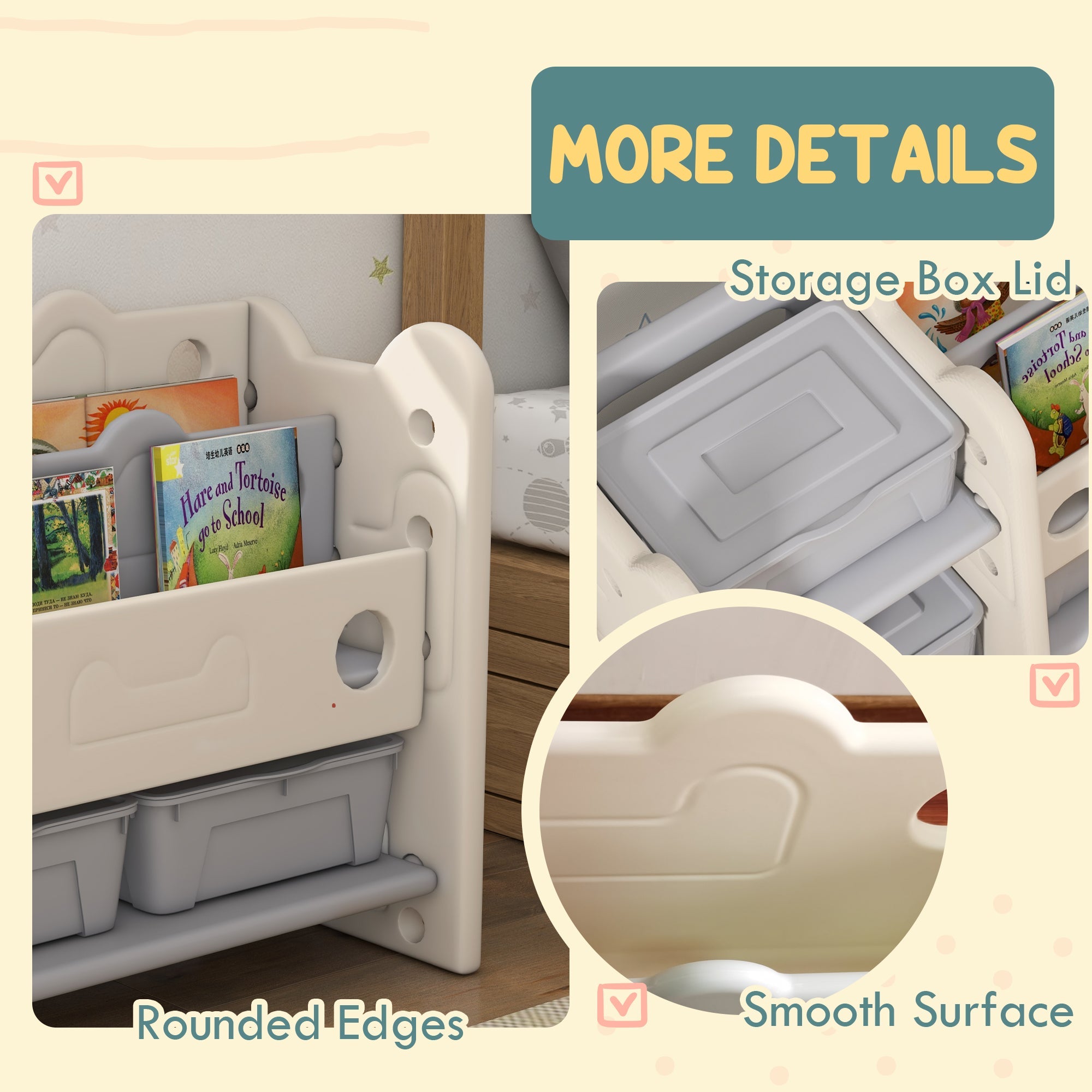 Qaba Toy Storage Organizer with 4 Storage Boxes, Bookshelves, Storage Racks, for Nursery, Kids Room, Playroom, Cream White 