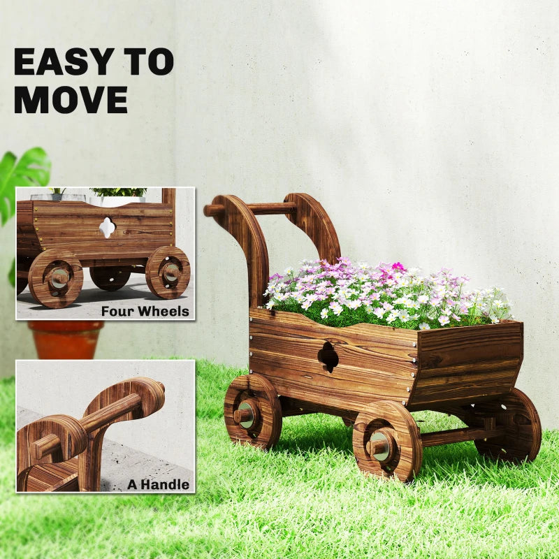 Wagon Flower Planter Cart with Wheels, Garden Wagon with Handle for Outdoor Patio Yard, Carbonized