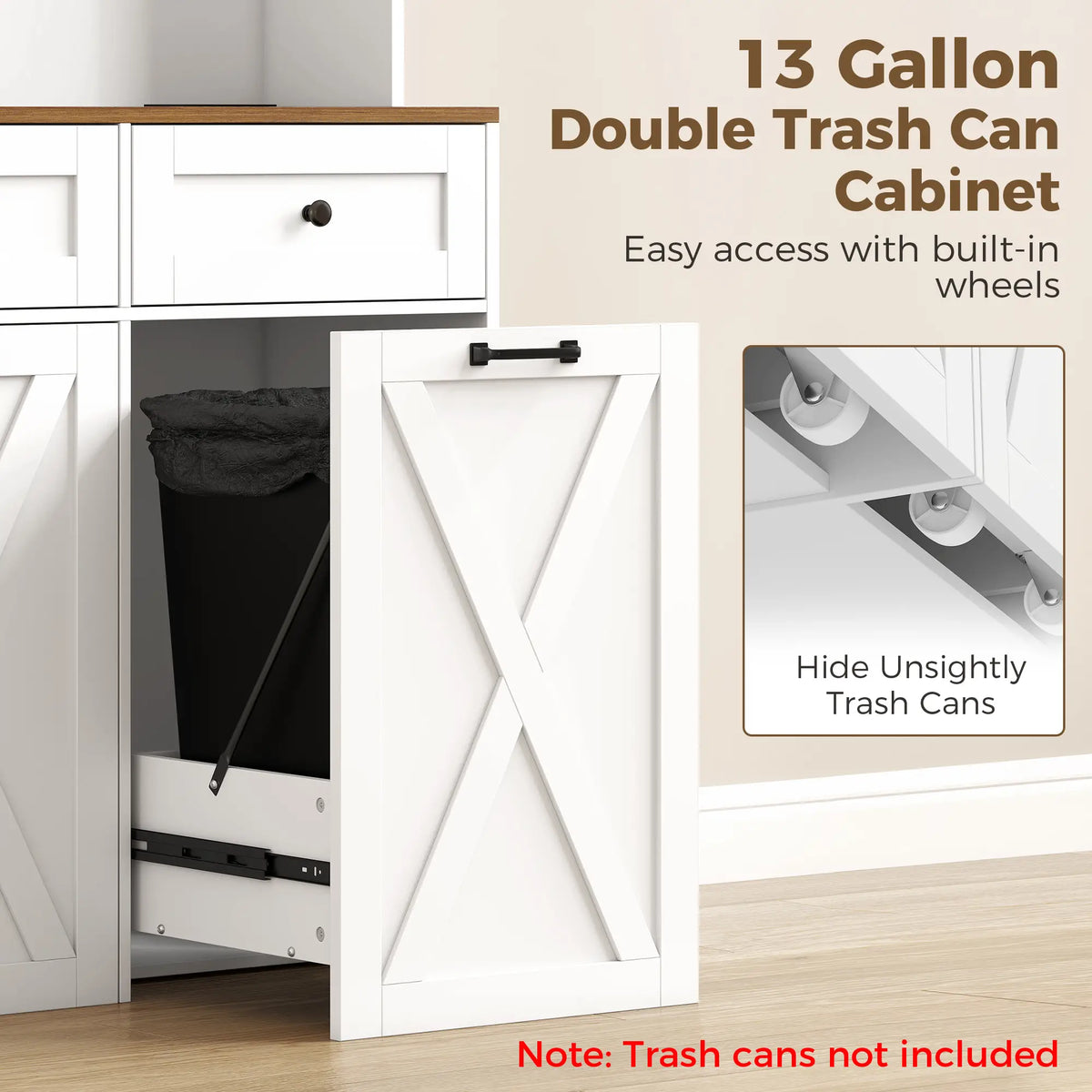 71" Farmhouse Pantry Cabinet with Double Pull-Out Trash Bins and Charging Station – White and Brown