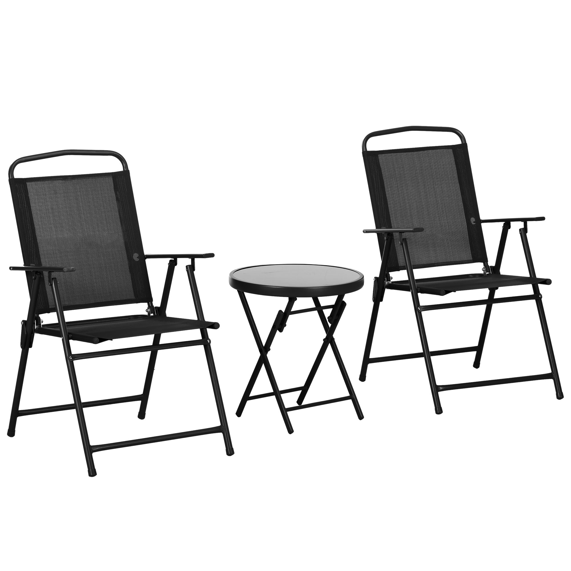 Outsunny 3 Pieces Bistro Set, Foldable Patio Furniture Set with Mesh Chairs, Glass Table for Garden, Balcony, Black 