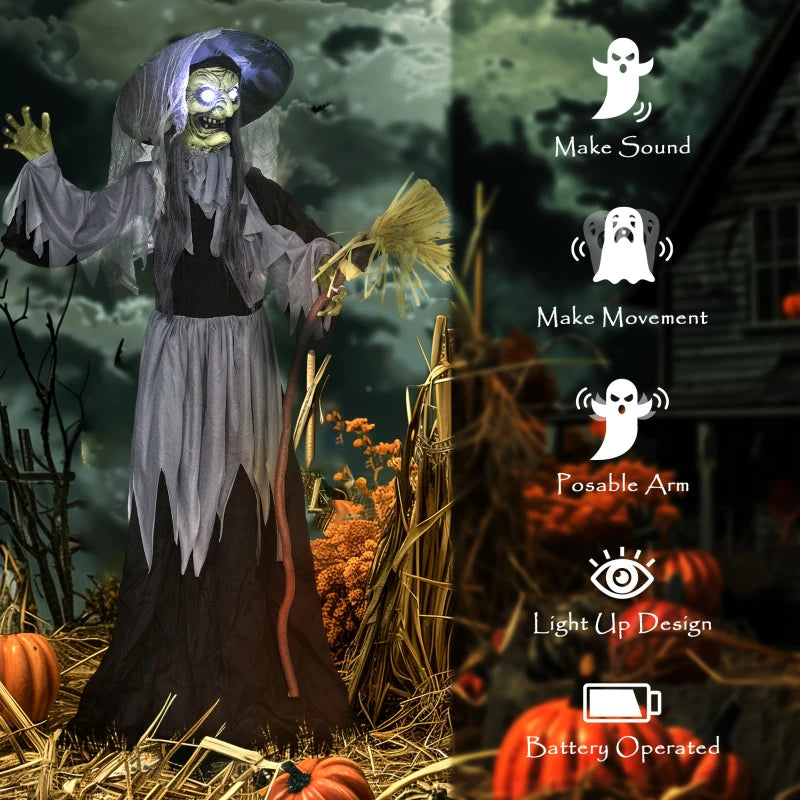 Outsunny Standing Animated Witch – Voice-Activated, Spinning Head & Flashing Eyes, Indoor Halloween Prop 