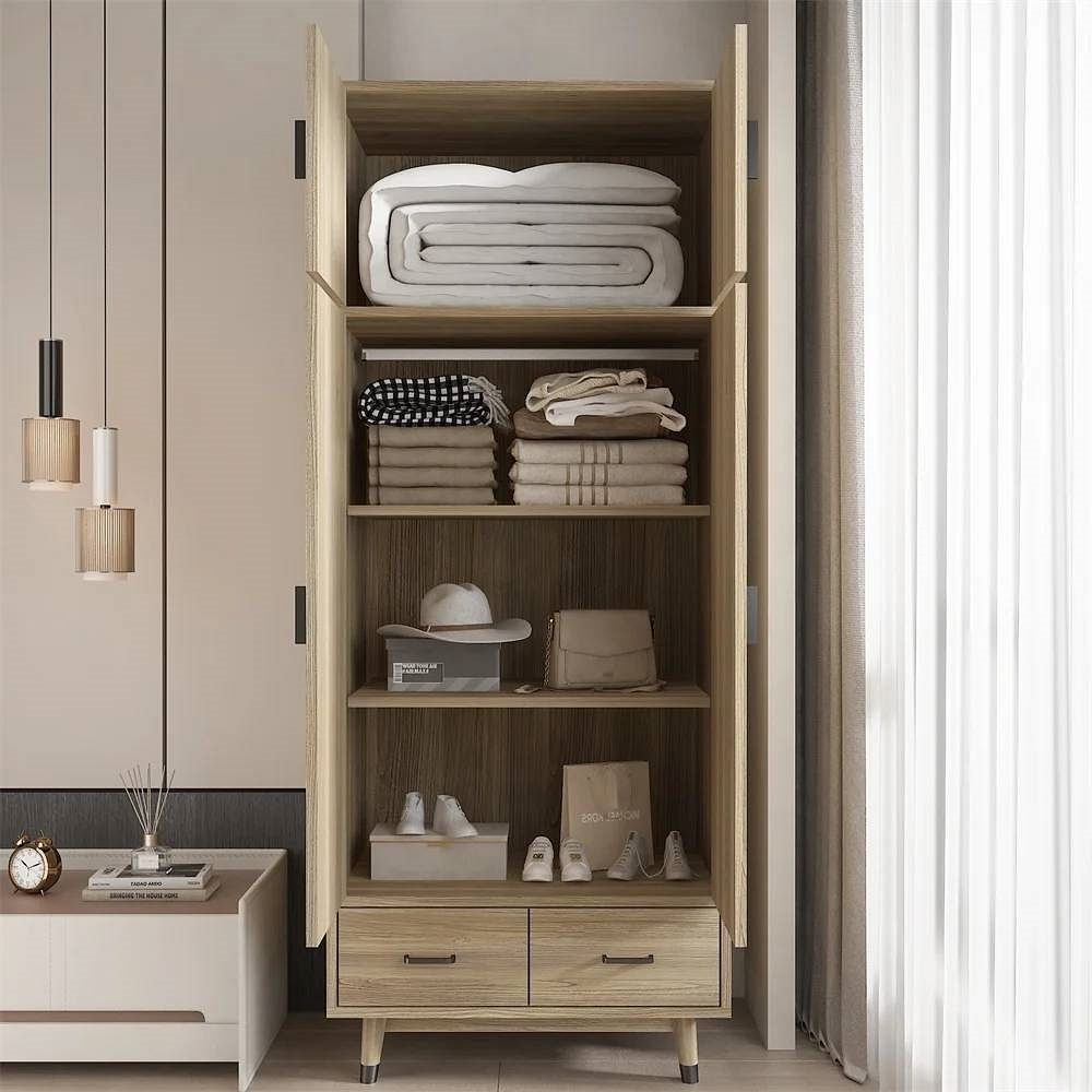 Modern 2-Door Armoire Wardrobe Cabinet with Hanging Rail in Natural Wood Finish - Free Shipping