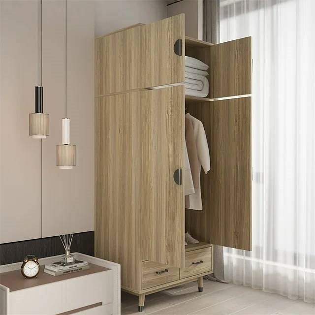 Modern 2-Door Armoire Wardrobe Cabinet with Hanging Rail in Natural Wood Finish - Free Shipping