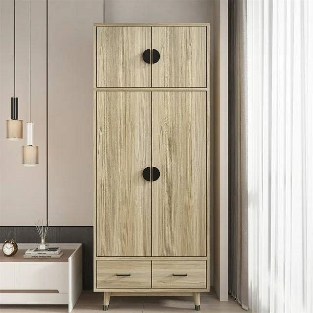 Modern 2-Door Armoire Wardrobe Cabinet with Hanging Rail in Natural Wood Finish - Free Shipping