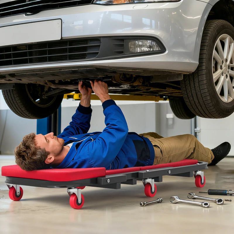Automotive Z Creeper Seat, 2-in-1 330 lbs Rolling Garage Mechanic Creeper & Stool with Pad, 6 Wheels, Red