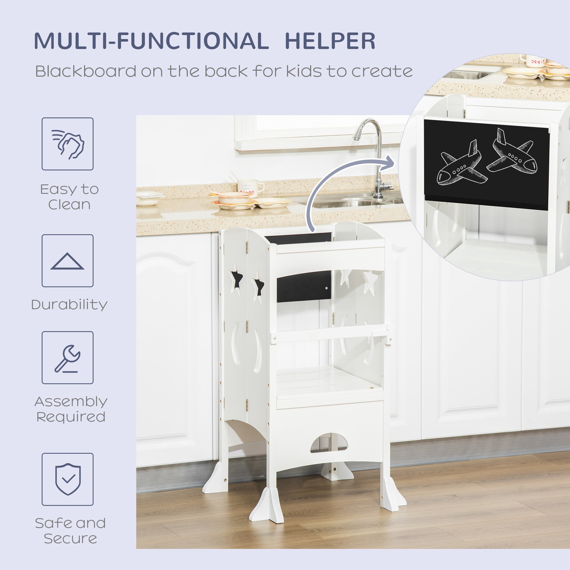 Qaba Foldable Toddler Kitchen Stool with Blackboard & Safety Handrail in White for Ages 3-6 