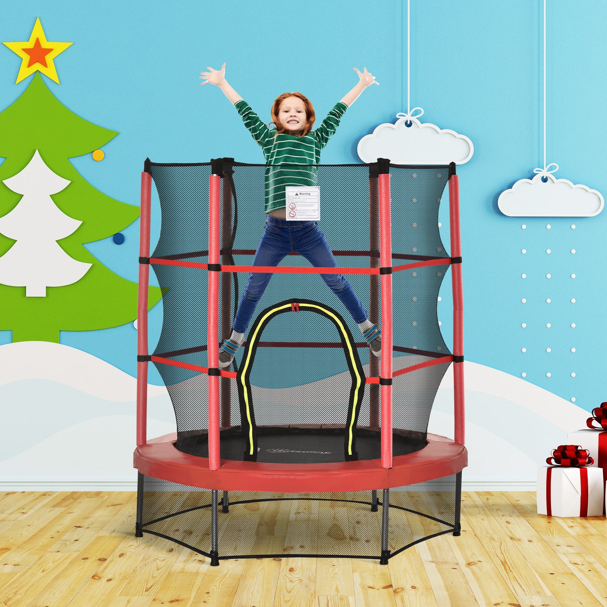 Outsunny 55" Kids Trampoline with Enclosure Net for Indoor/Outdoor, Trampoline for Boys and Girls Age 3-6 Years, Red 