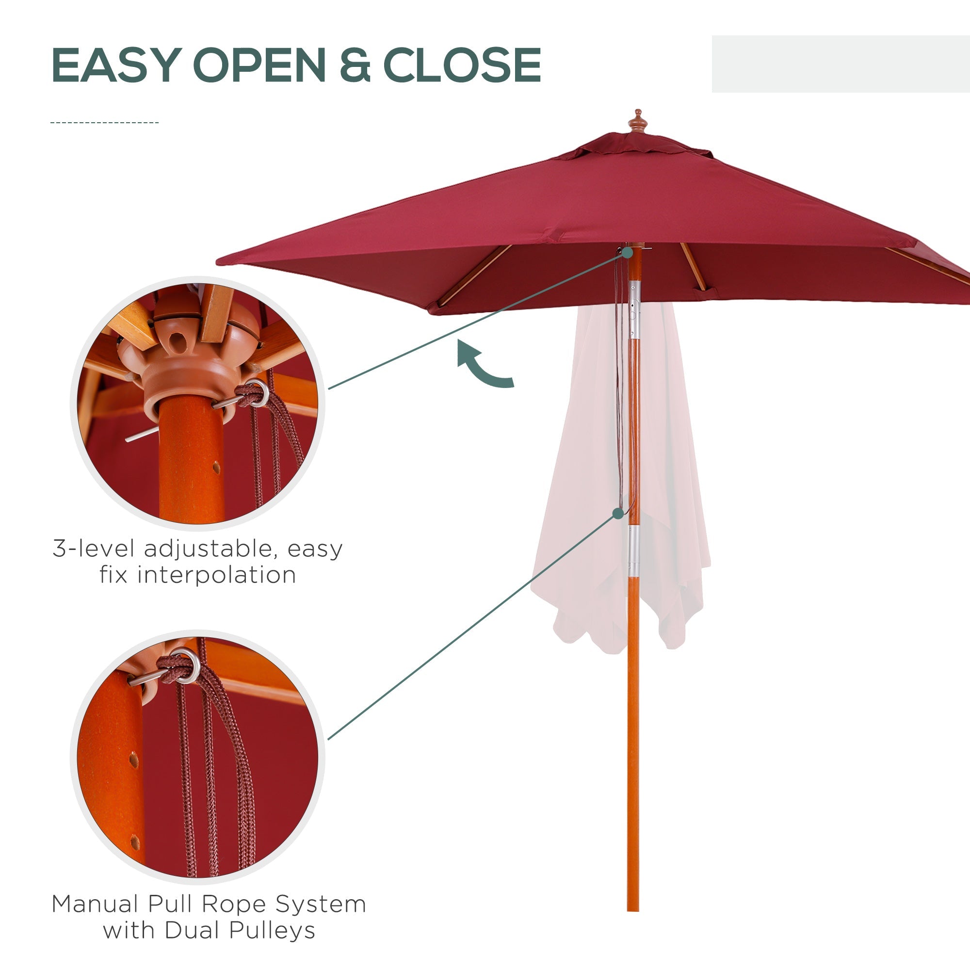 Outsunny 6.6x5ft Square Market Parasol, Wooden Patio Umbrella with Tilt Mechanism and 6 Bamboo Ribs, Garden Sunshade, Wine Red 