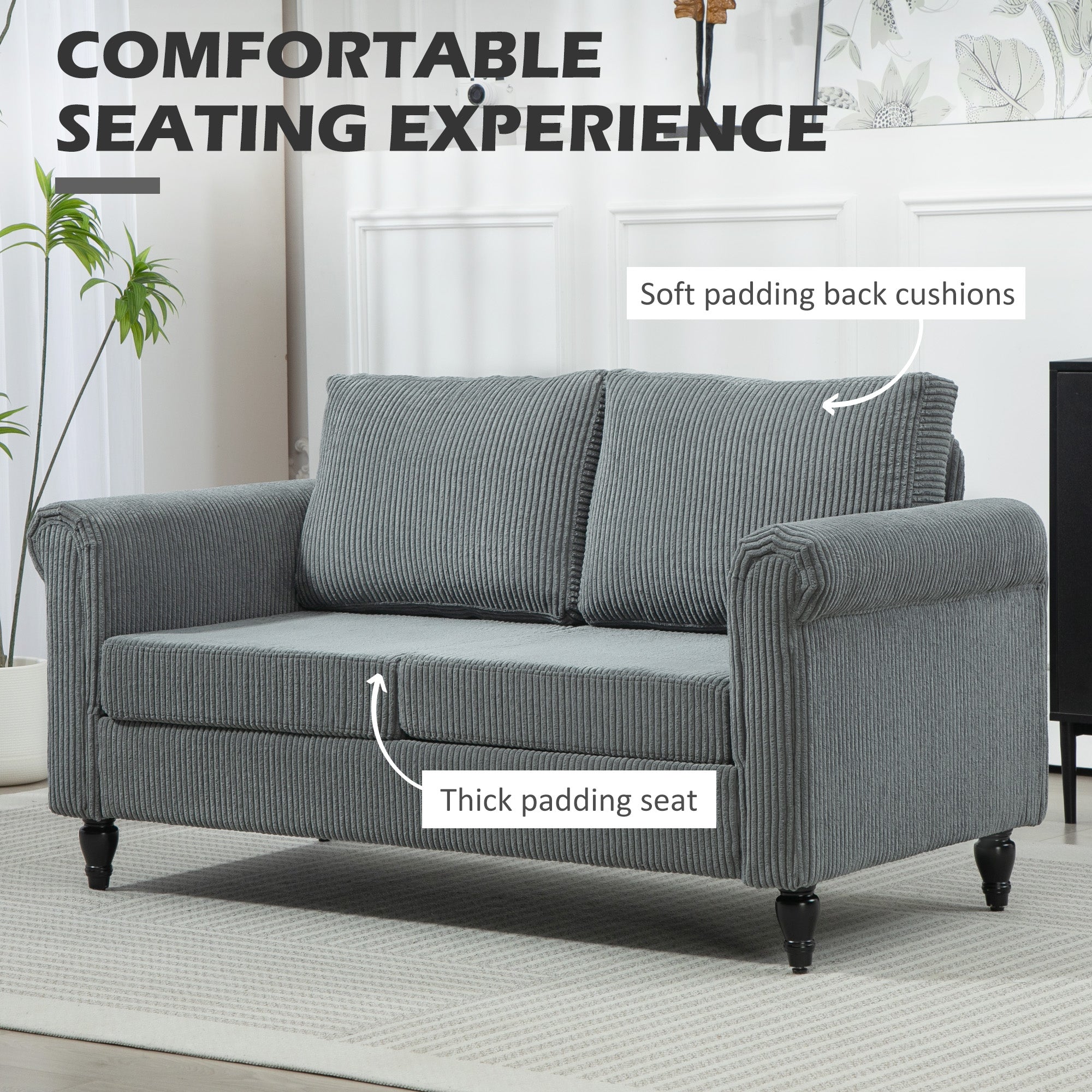 HOMCOM Vintage Loveseat, Upholstered Love Seat Furniture, Fabric 2 Seater Sofa with Rolled Arms, Rubber Wood Legs, Grey 