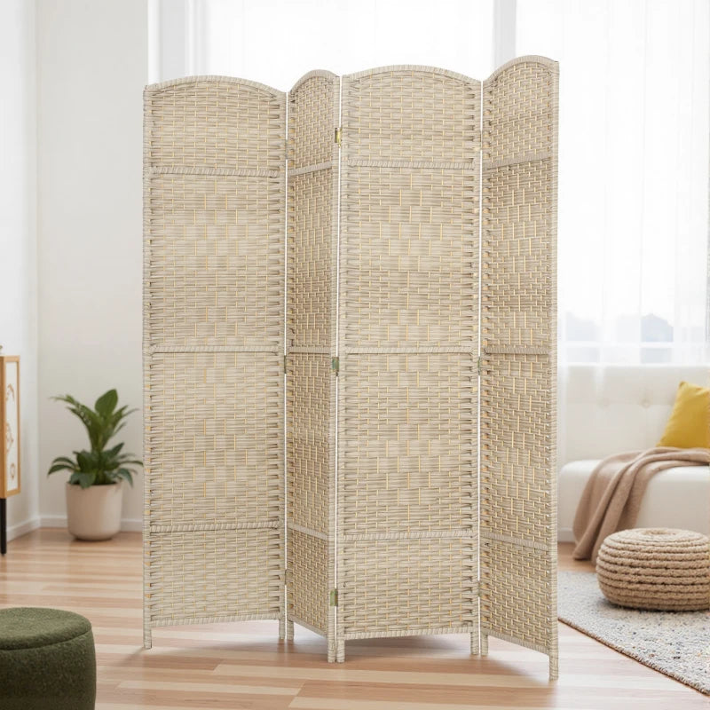 6 Ft Tall Folding Room Divider, 4 Panel Portable Privacy Screen, Hand-Woven Partition Wall Divider, Light Oak